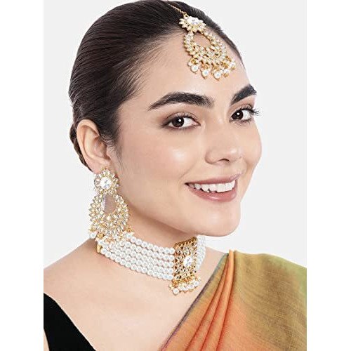 Peora Gold Plated Jodha Akbar Kundan White Faux Pearl Choker Necklace with Earring Maang Tikka Traditional Bridal Jewellery Set for Women & Girls