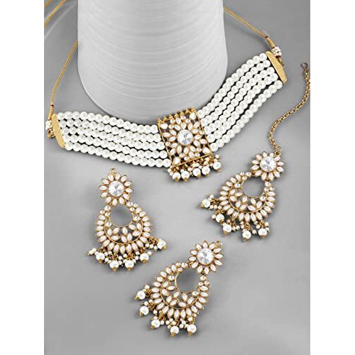 Peora Gold Plated Jodha Akbar Kundan White Faux Pearl Choker Necklace with Earring Maang Tikka Traditional Bridal Jewellery Set for Women & Girls