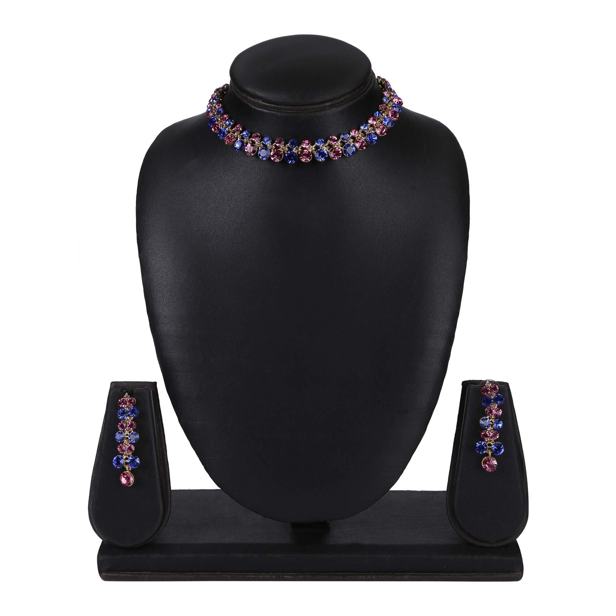 Swasti Jewels Crystals Necklace and Earrings For Women D Blue D Pink