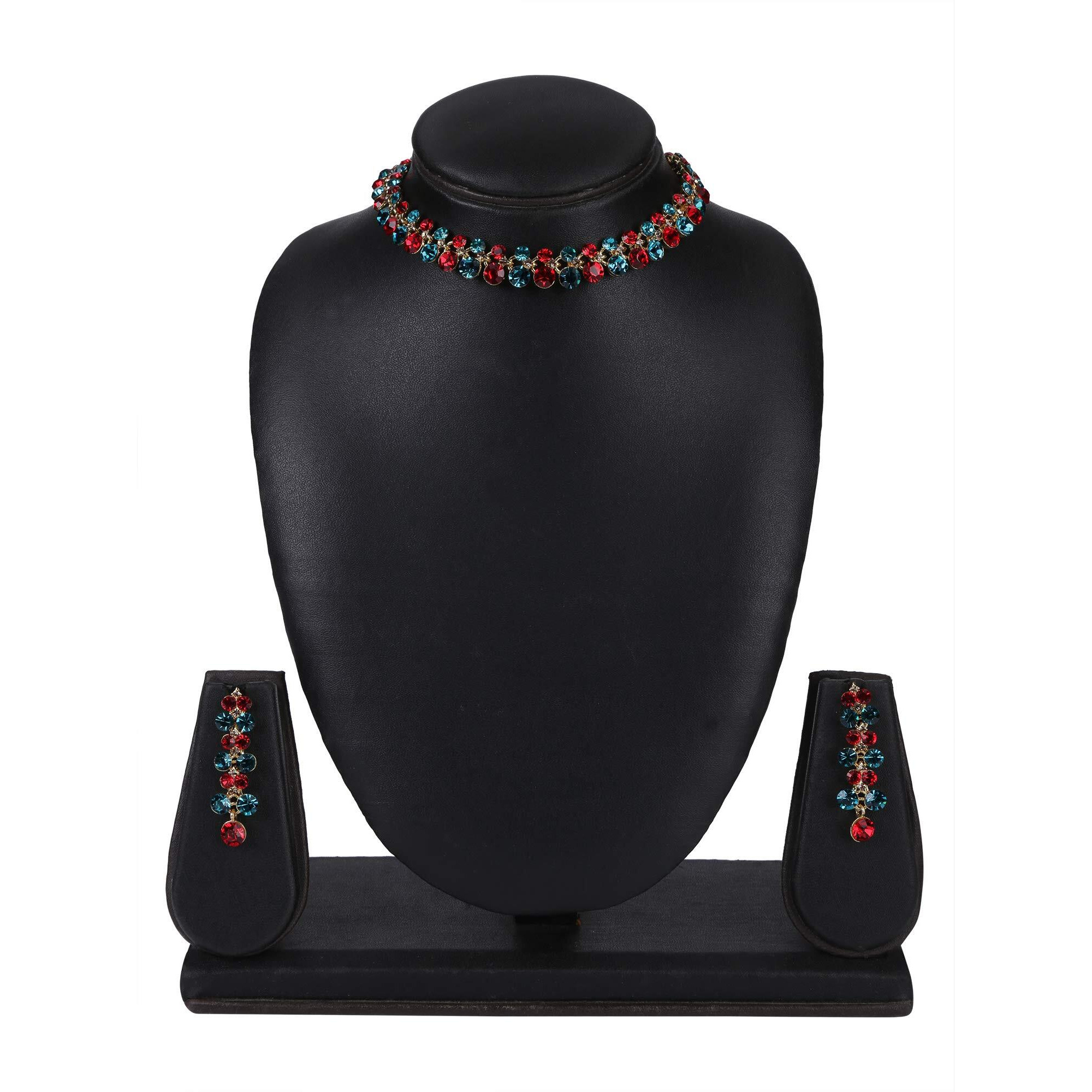 Swasti Jewels Crystals Necklace and Earrings For Women Fuchsia Green