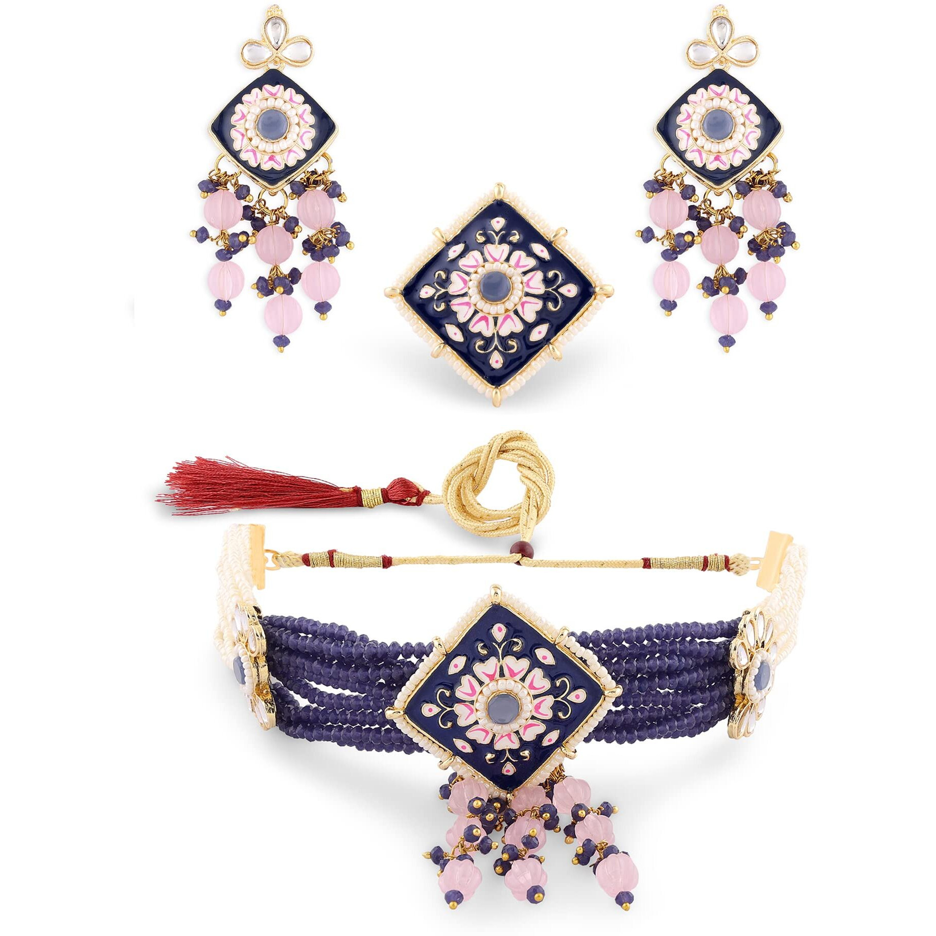 ZAVERI PEARLS Navy Blue Pink Meenakari Multistrand Kundan Choker Necklace Earring & Ring Set For Women-ZPFK15565