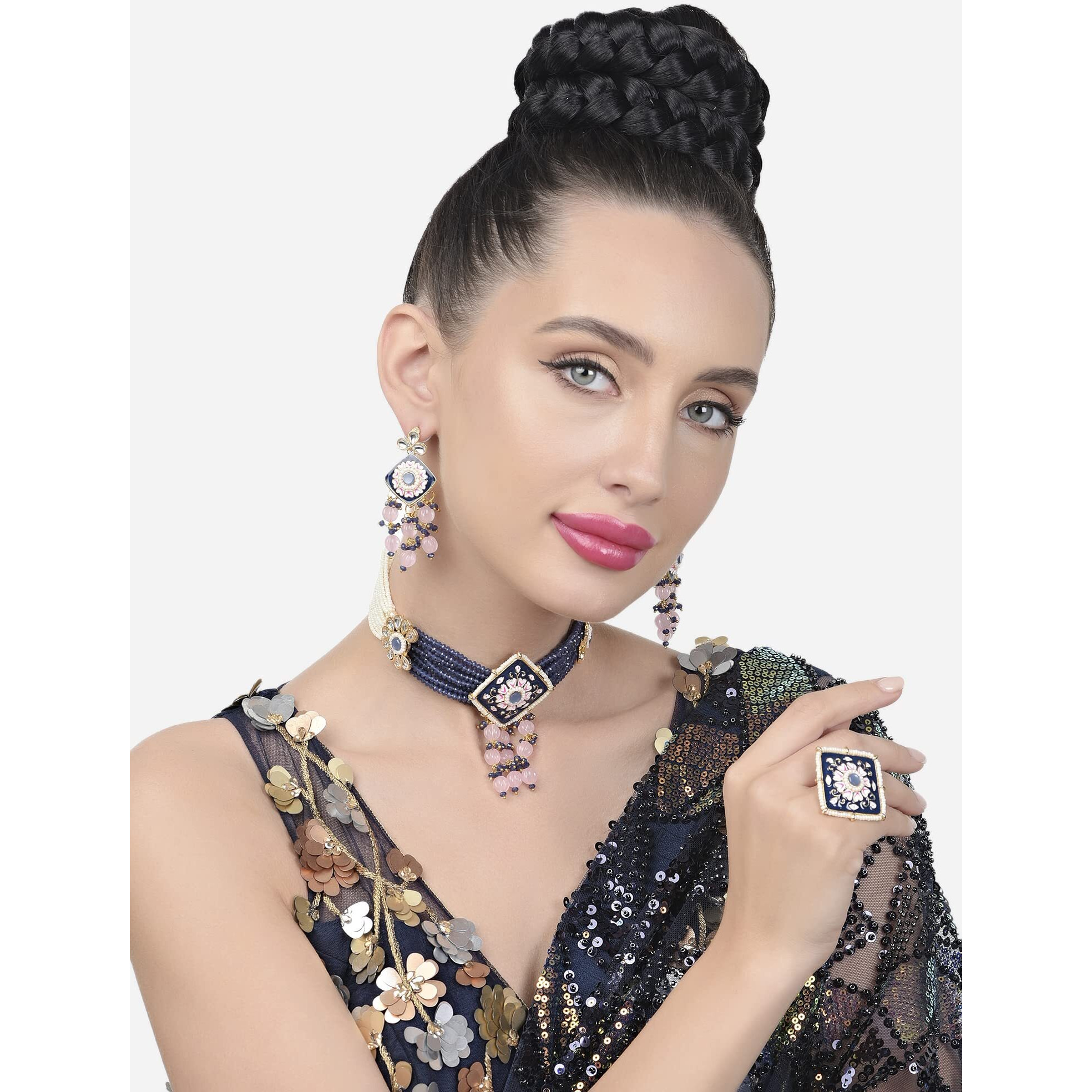 ZAVERI PEARLS Navy Blue Pink Meenakari Multistrand Kundan Choker Necklace Earring & Ring Set For Women-ZPFK15565