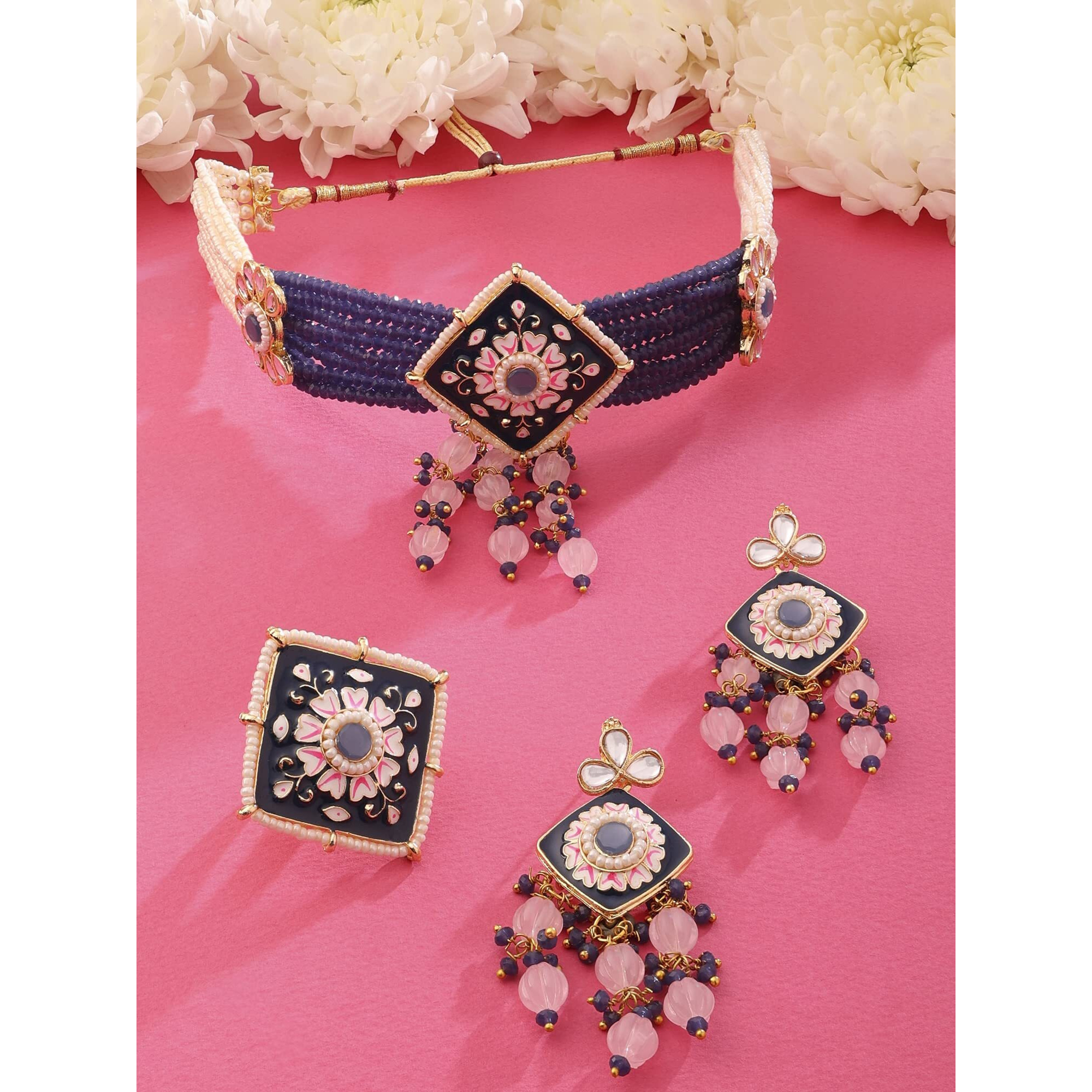 ZAVERI PEARLS Navy Blue Pink Meenakari Multistrand Kundan Choker Necklace Earring & Ring Set For Women-ZPFK15565