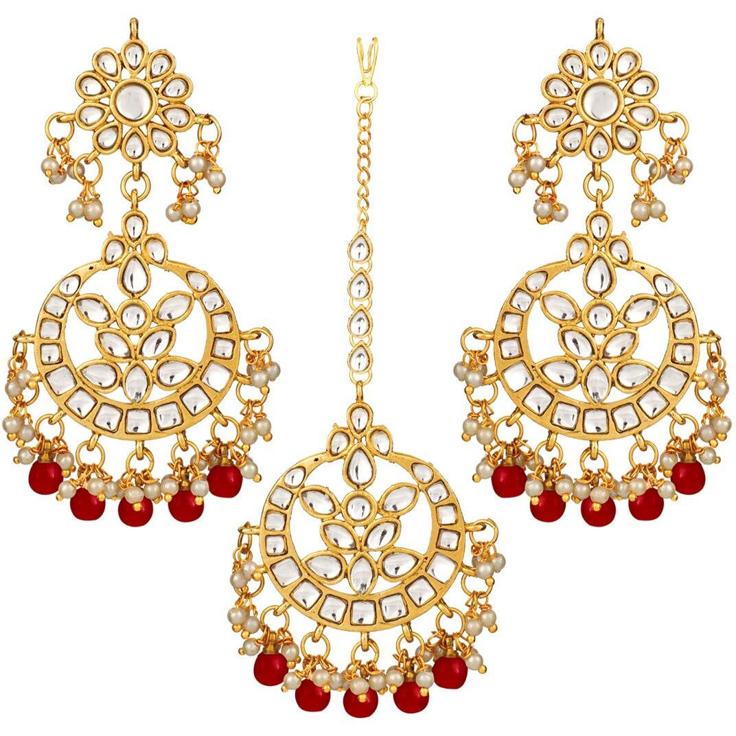 Peora Traditional Jewellery 18K Gold Plated Kundan & Pearl Maang Tikka Earring Set for Women Girls