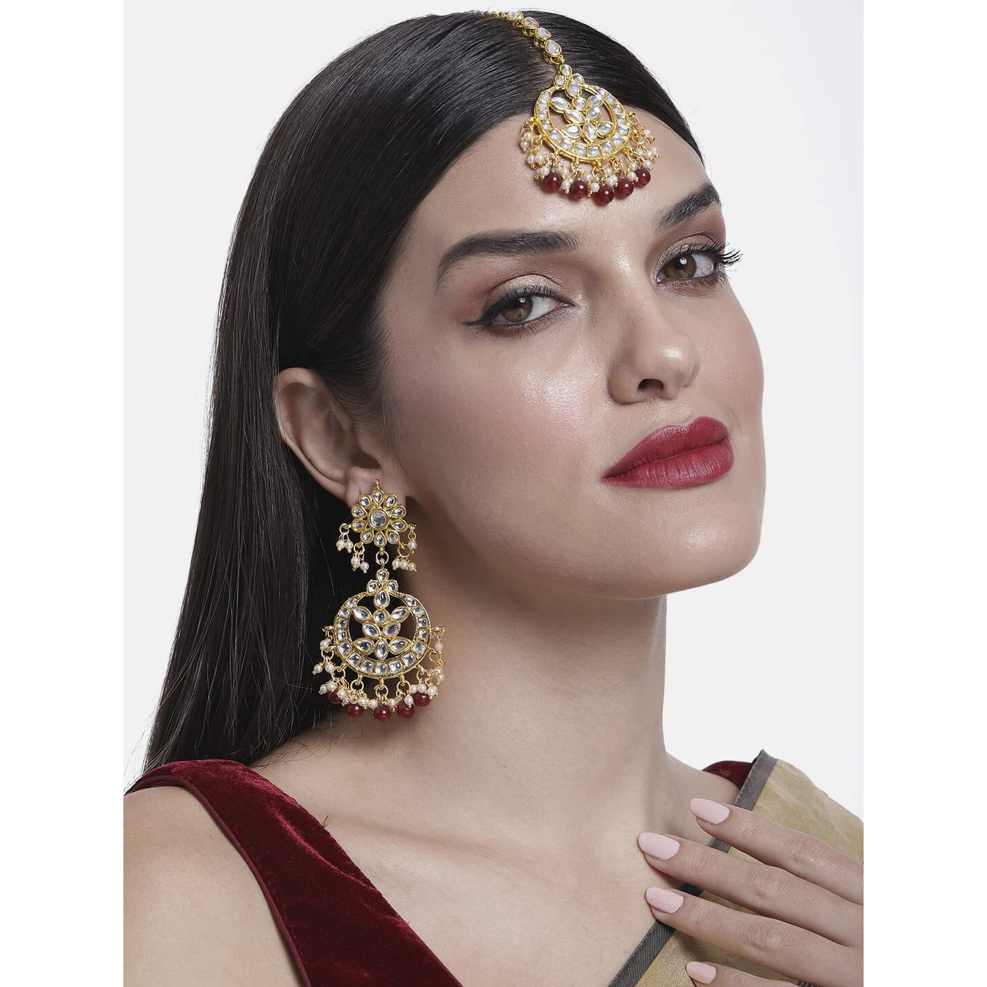Peora Traditional Jewellery 18K Gold Plated Kundan & Pearl Maang Tikka Earring Set for Women Girls