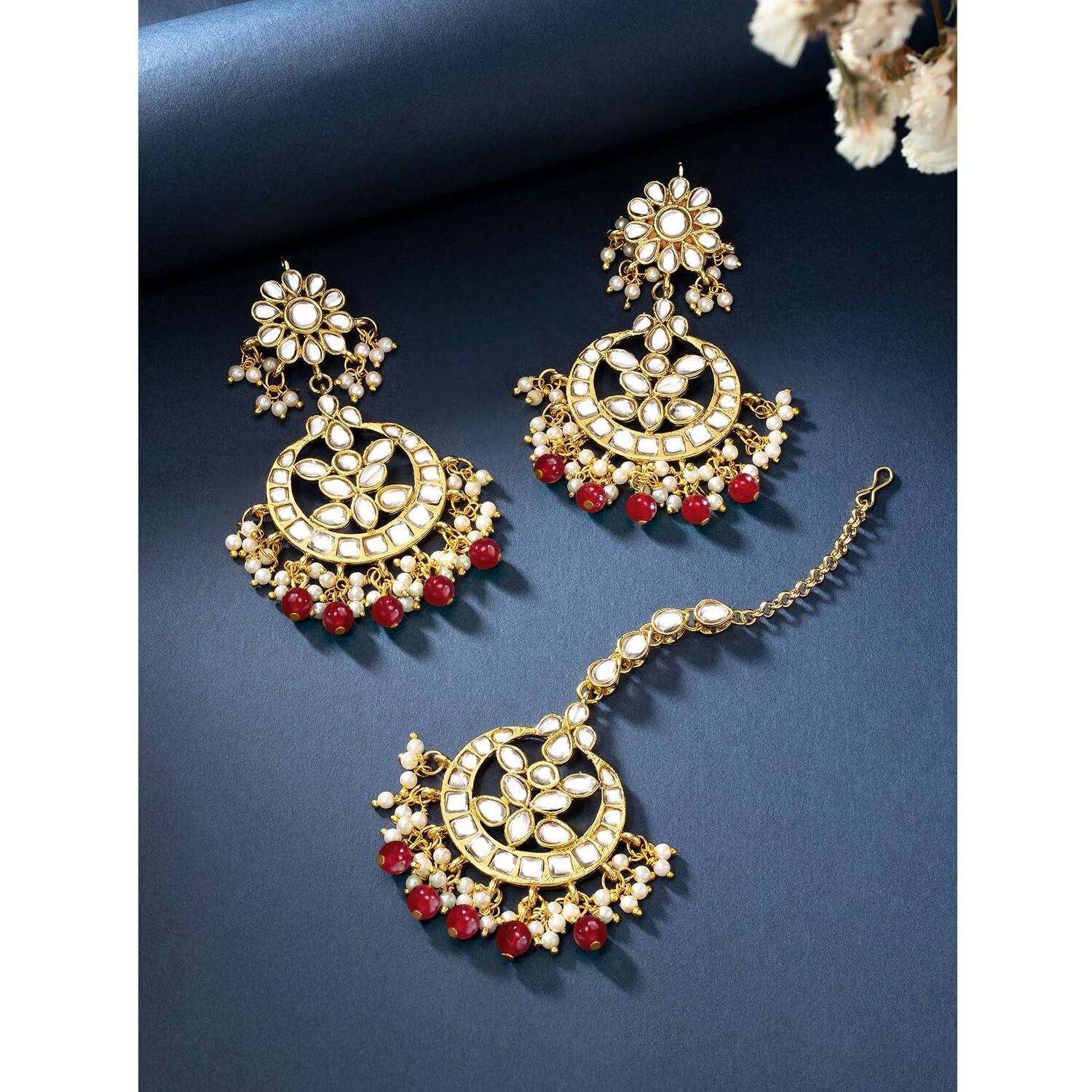 Peora Traditional Jewellery 18K Gold Plated Kundan & Pearl Maang Tikka Earring Set for Women Girls