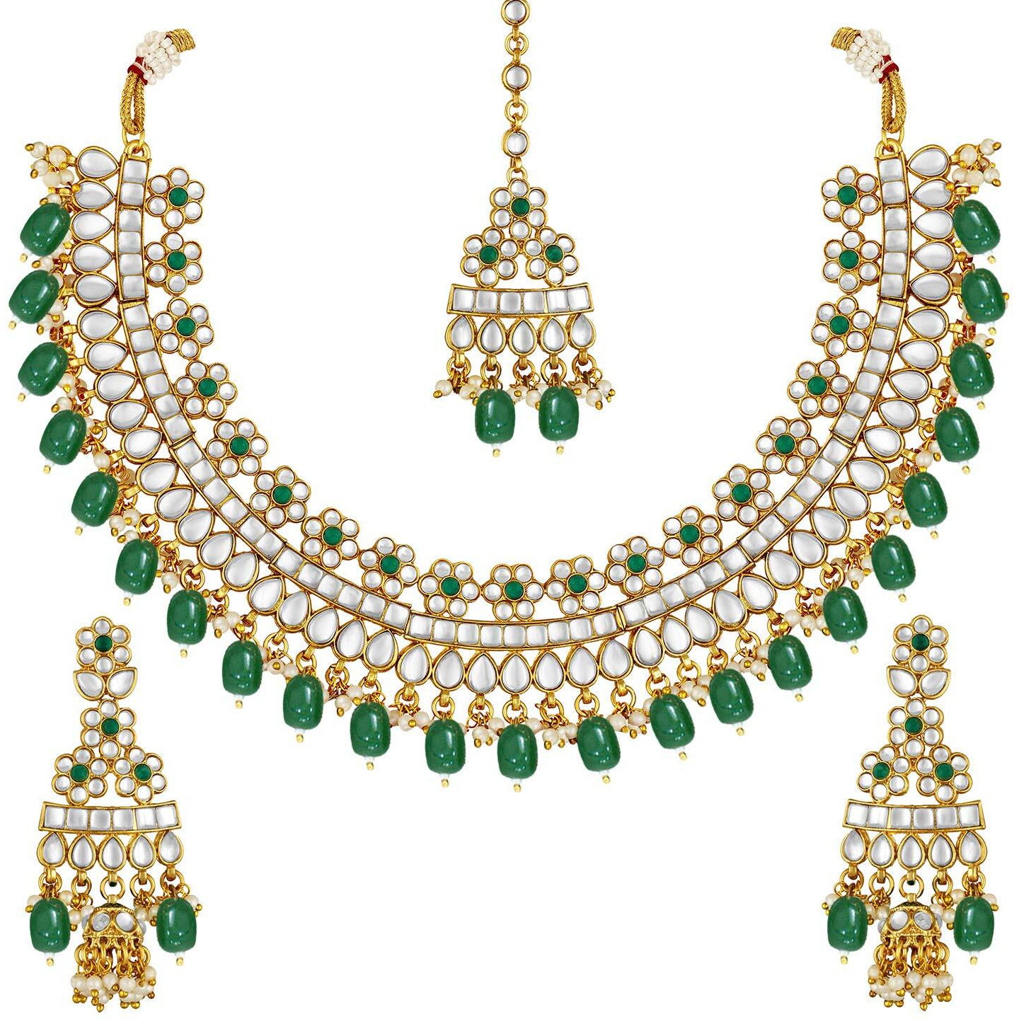 Peora Gold Plated Dulhan Bridal Kundan Faux Pearl Choker Necklace Earring Maang Tikka for Women Girls Indian Traditional Jewellery Set