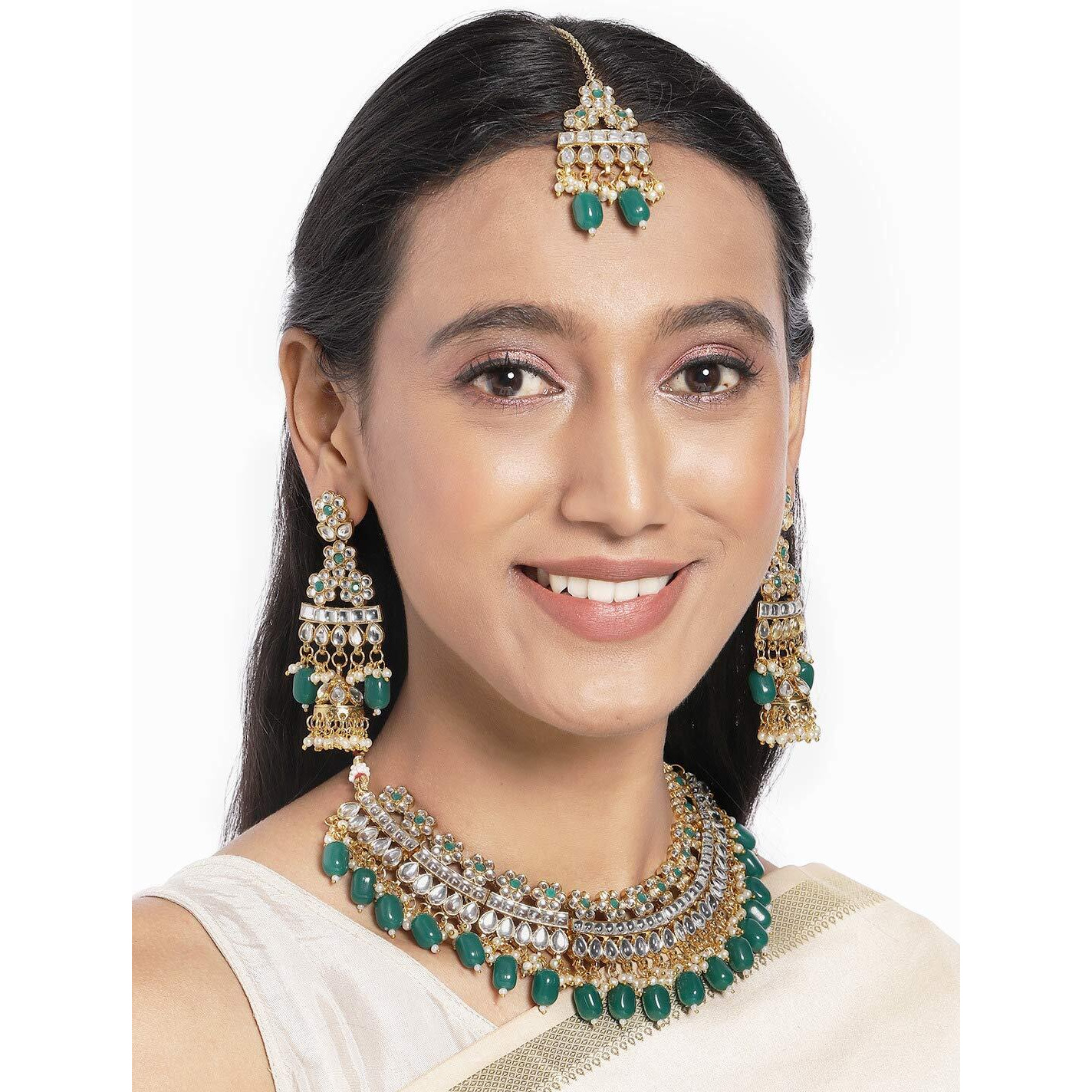 Peora Gold Plated Dulhan Bridal Kundan Faux Pearl Choker Necklace Earring Maang Tikka for Women Girls Indian Traditional Jewellery Set