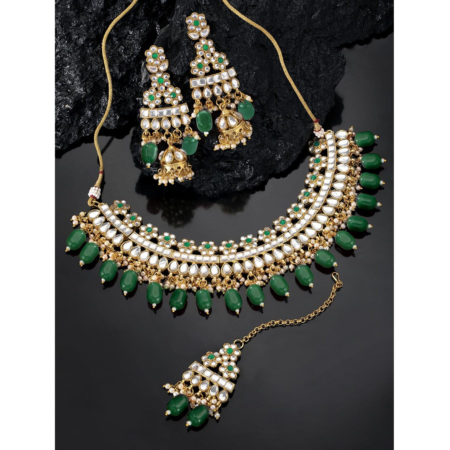 Peora Gold Plated Dulhan Bridal Kundan Faux Pearl Choker Necklace Earring Maang Tikka for Women Girls Indian Traditional Jewellery Set