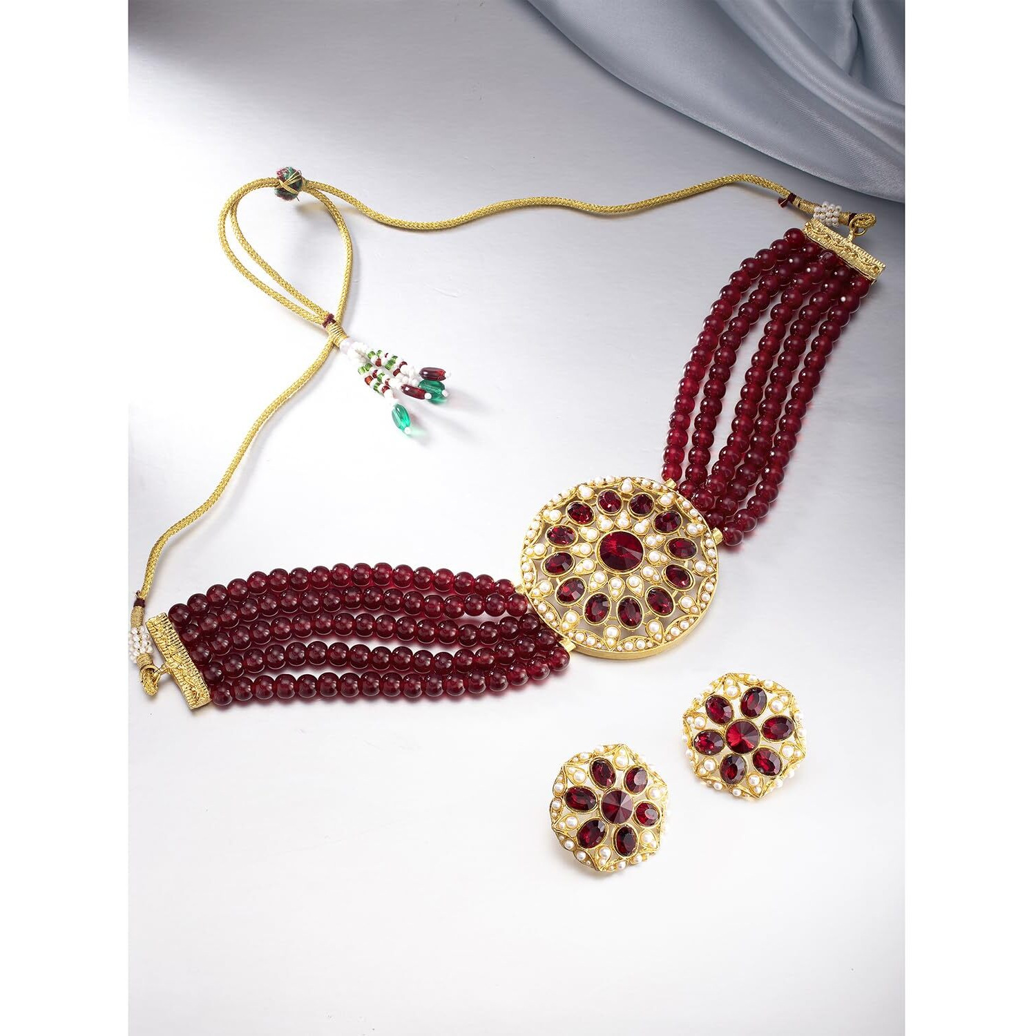 Peora Gold Plated Kundan Faux Pearl Maroon Adjustable Choker Necklace Beaded Jewellery Set for Women
