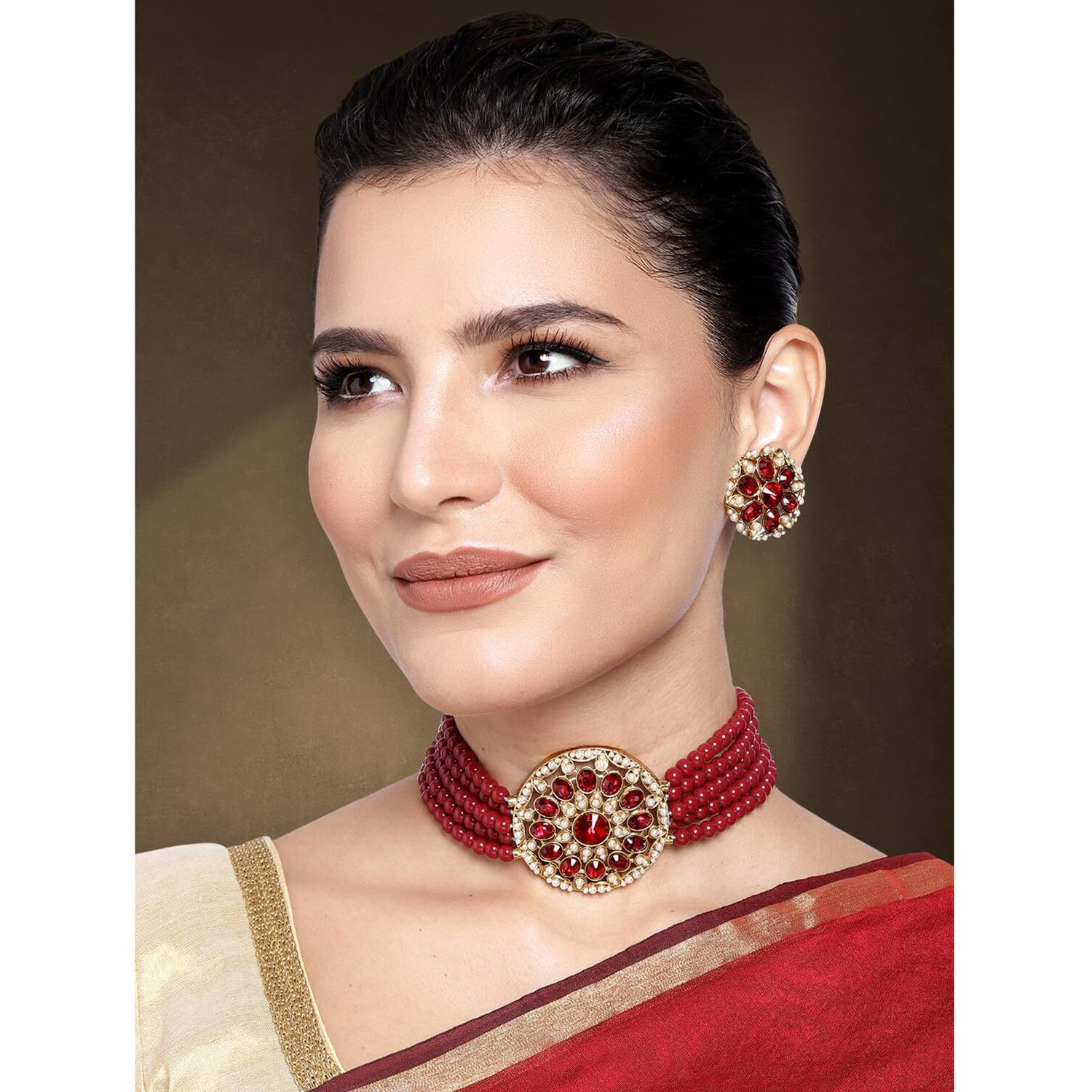 Peora Gold Plated Kundan Faux Pearl Maroon Adjustable Choker Necklace Beaded Jewellery Set for Women