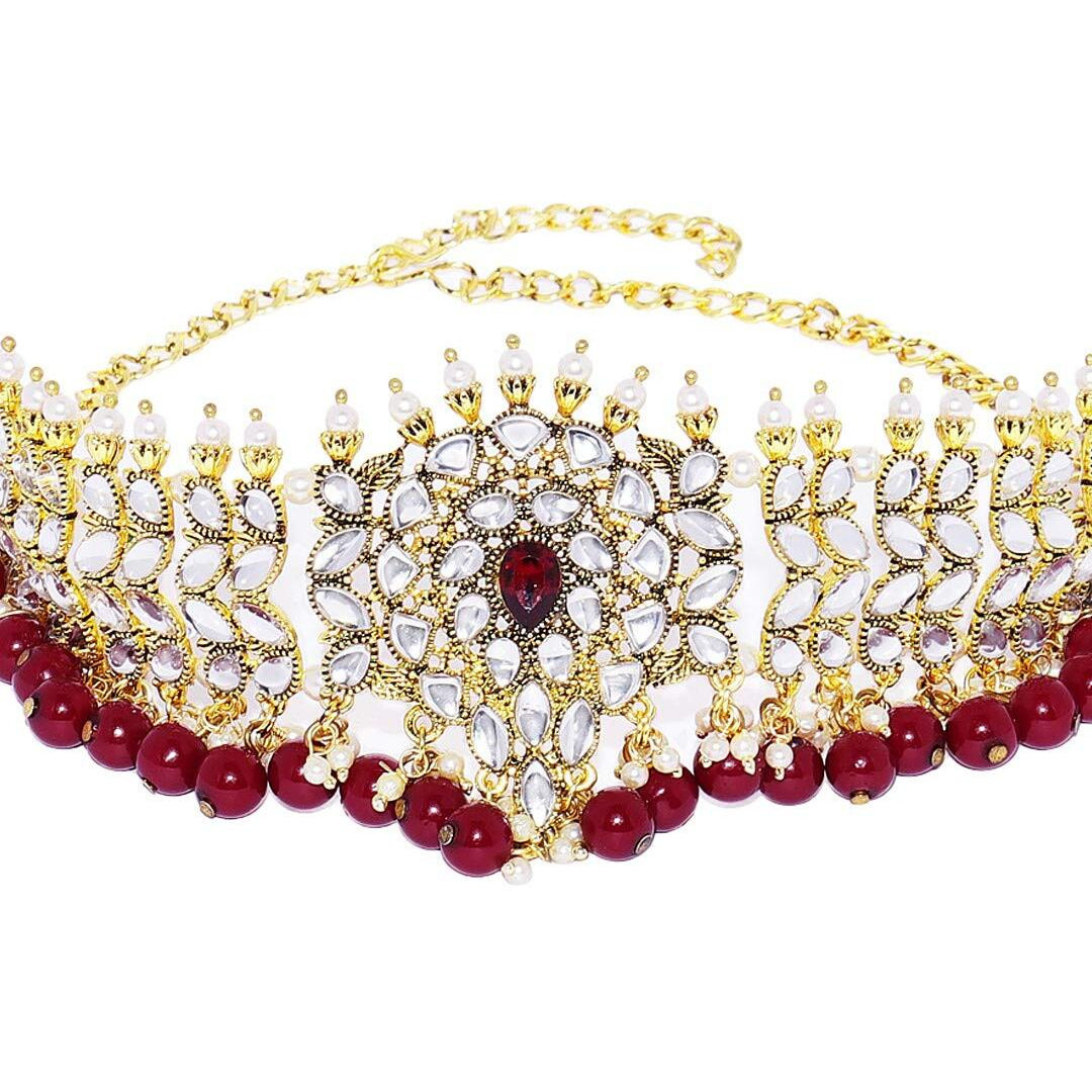 ACCESSHER Matte Gold Plated Semi Precious Stone Emerald Studded Ethnic Statement Choker Necklace Set with Dangle Earrings for Women and Girls