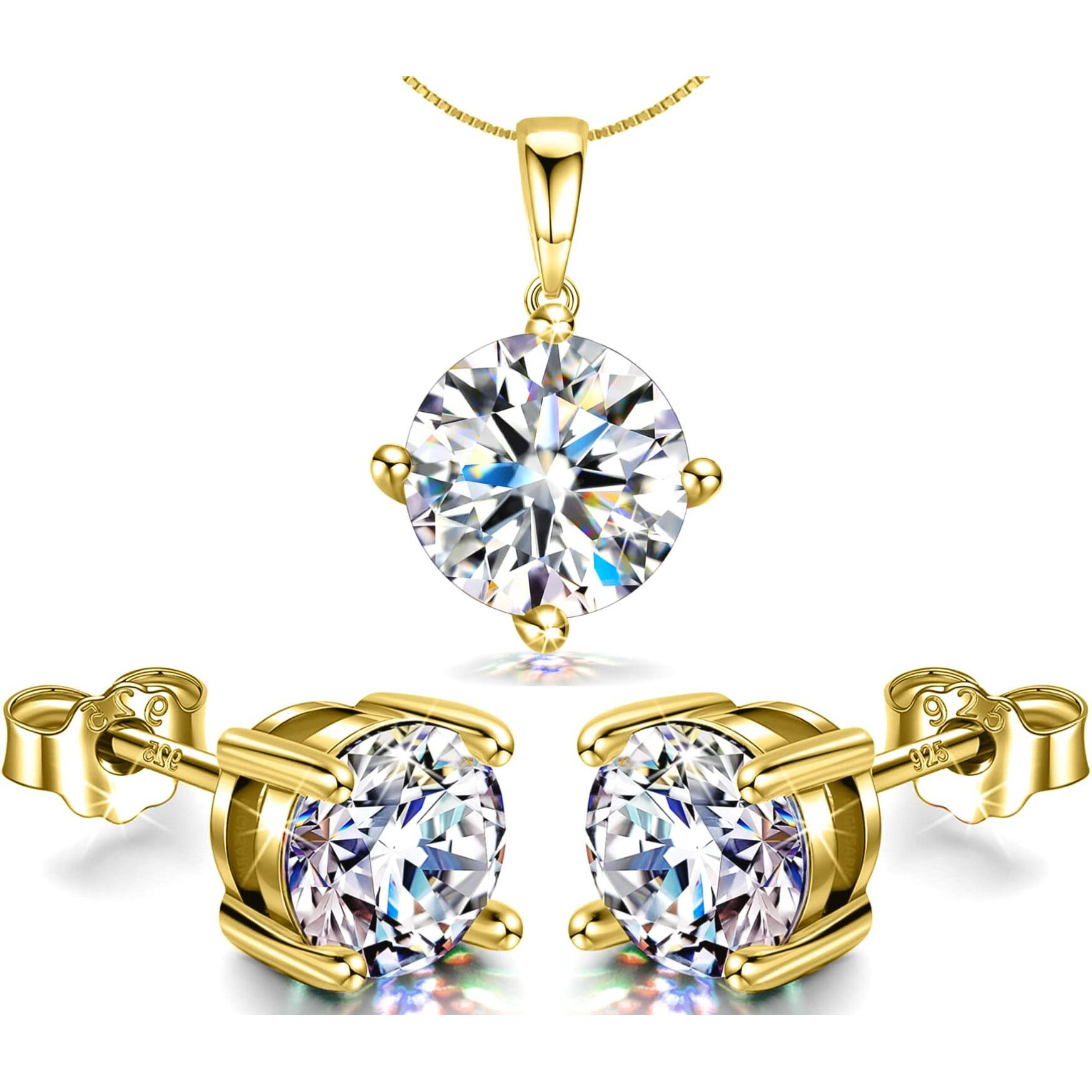 HighSpark 925 Silver Solitaire Earrings Pendant Necklace Set | 92.5 Sterling Silver & Diamond like Brilliance Sparkling Zirconia | Lovely Gift for Women & Girls - Gold Set 8mm