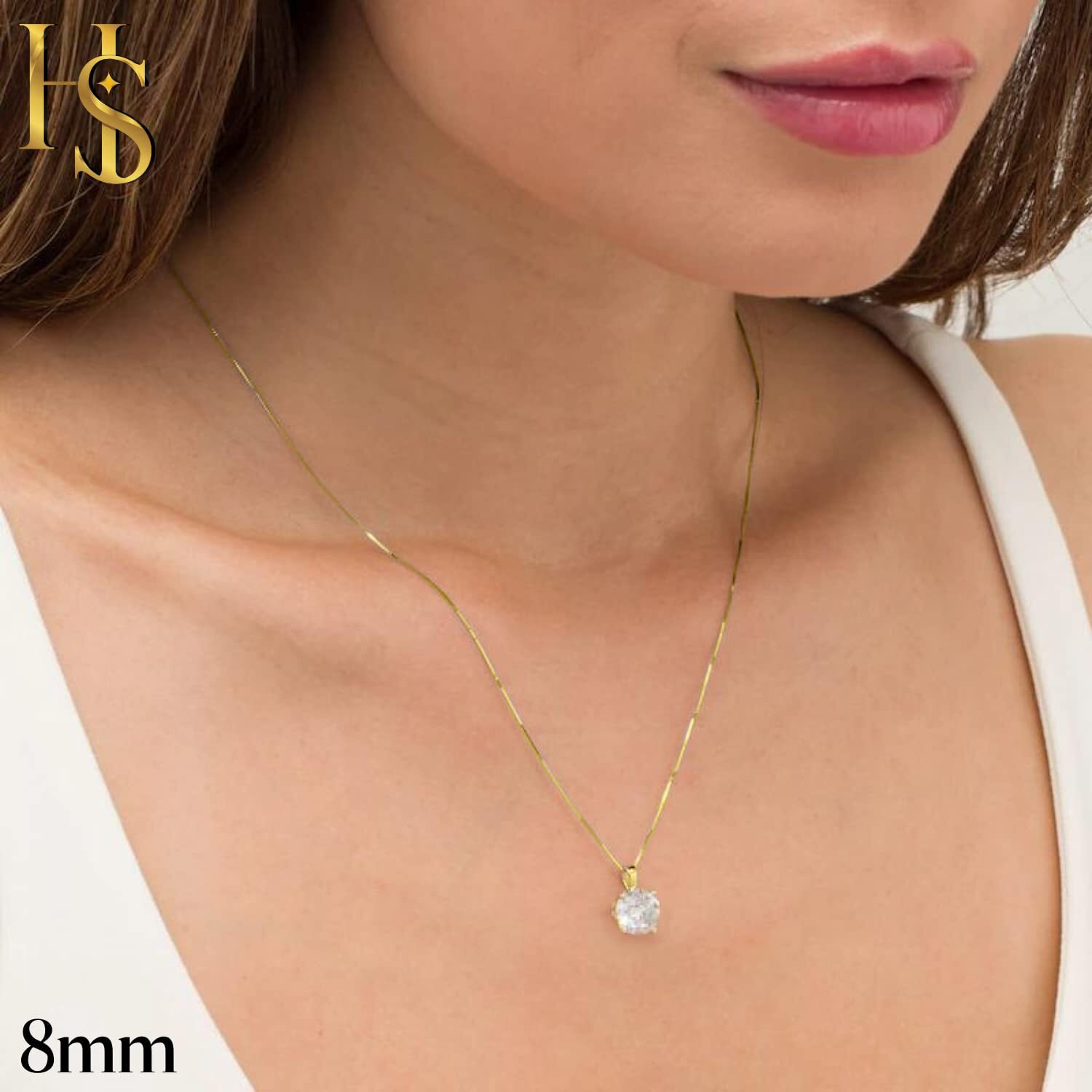 HighSpark 925 Silver Solitaire Earrings Pendant Necklace Set | 92.5 Sterling Silver & Diamond like Brilliance Sparkling Zirconia | Lovely Gift for Women & Girls - Gold Set 8mm