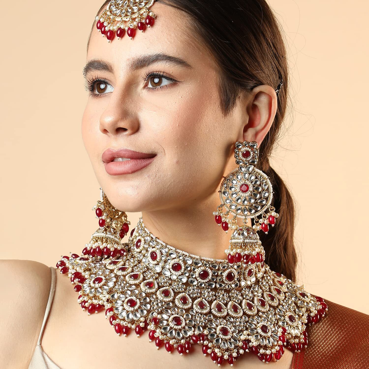 SOHI Gold Plated Red Necklace Set for Women and Girls, Necklace, Earrings and Maangtika, Necklace with Bead detailing for women, Statement jewellery, Stones necklace for women |2207