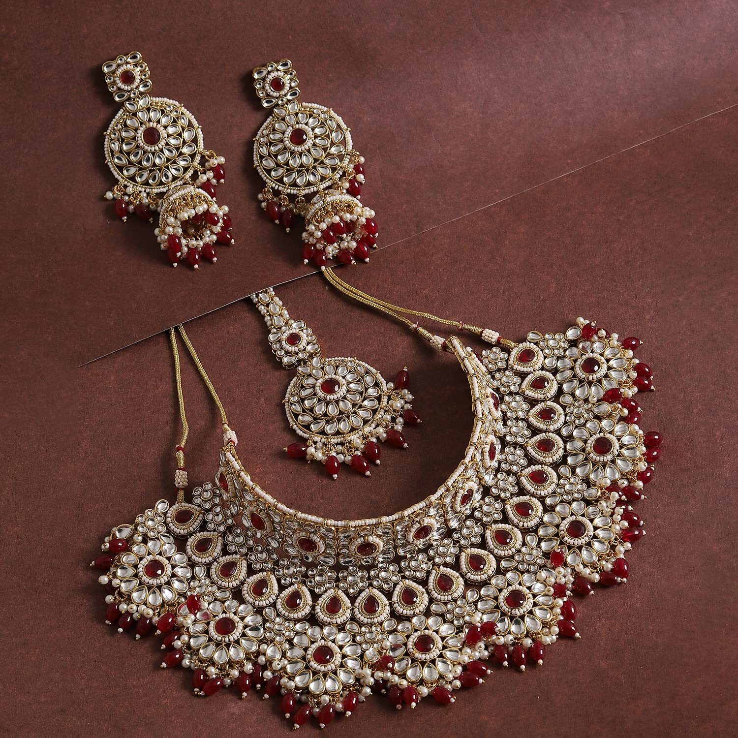 SOHI Gold Plated Red Necklace Set for Women and Girls, Necklace, Earrings and Maangtika, Necklace with Bead detailing for women, Statement jewellery, Stones necklace for women |2207