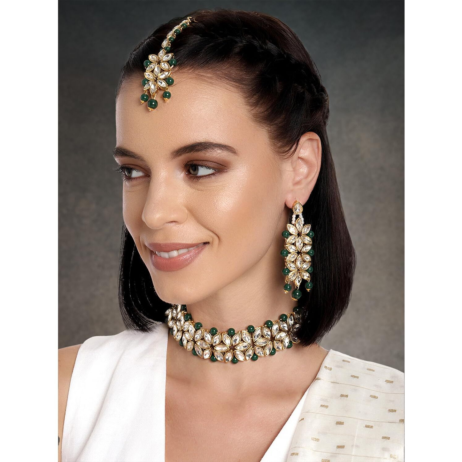 Peora Traditional Gold Plated Kundan Pearl Bridal Choker Necklace Jewellery Set with Earring Maang Tikka for Women Girls