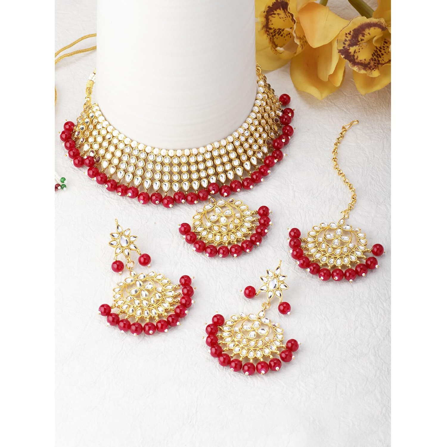Peora Gold Plated Kundan Faux Pearl Choker Necklace Earring Maang Tikka Traditional Jewellery Set for Women Girls