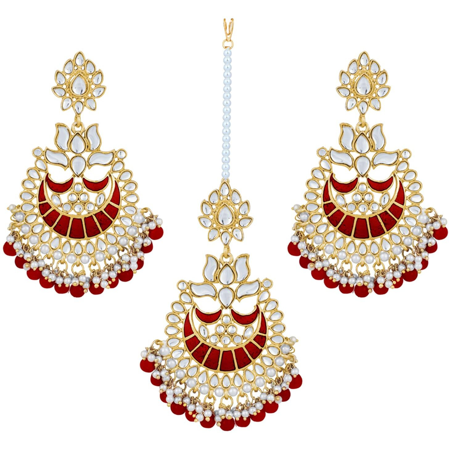 Peora 18K Gold Plated Kundan Pearl Enamel Maang Tikka Earring Set for Women Girls