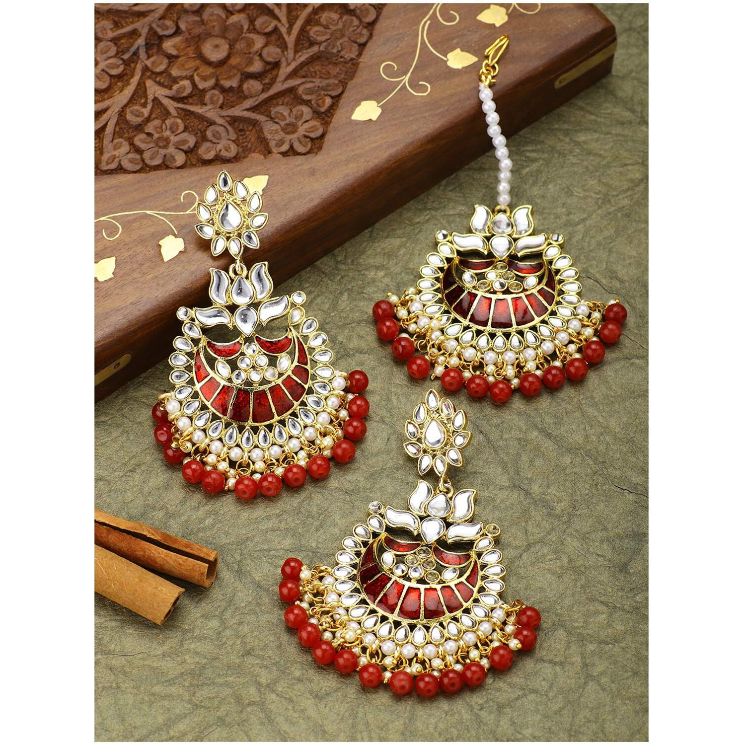 Peora 18K Gold Plated Kundan Pearl Enamel Maang Tikka Earring Set for Women Girls