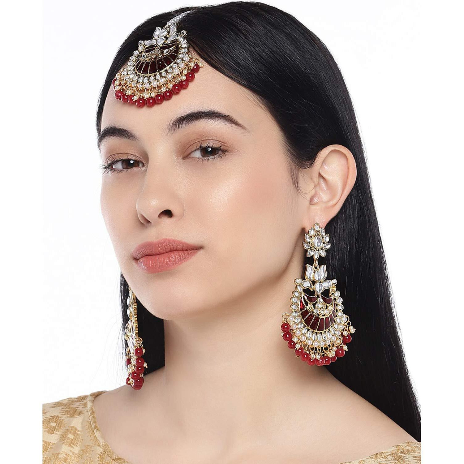 Peora 18K Gold Plated Kundan Pearl Enamel Maang Tikka Earring Set for Women Girls