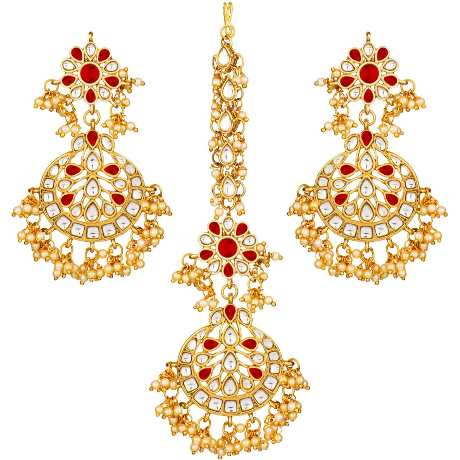 Peora Traditional Jewellery 18K Gold Plated Kundan & Pearl Maang Tikka Earring Set for Women Girls
