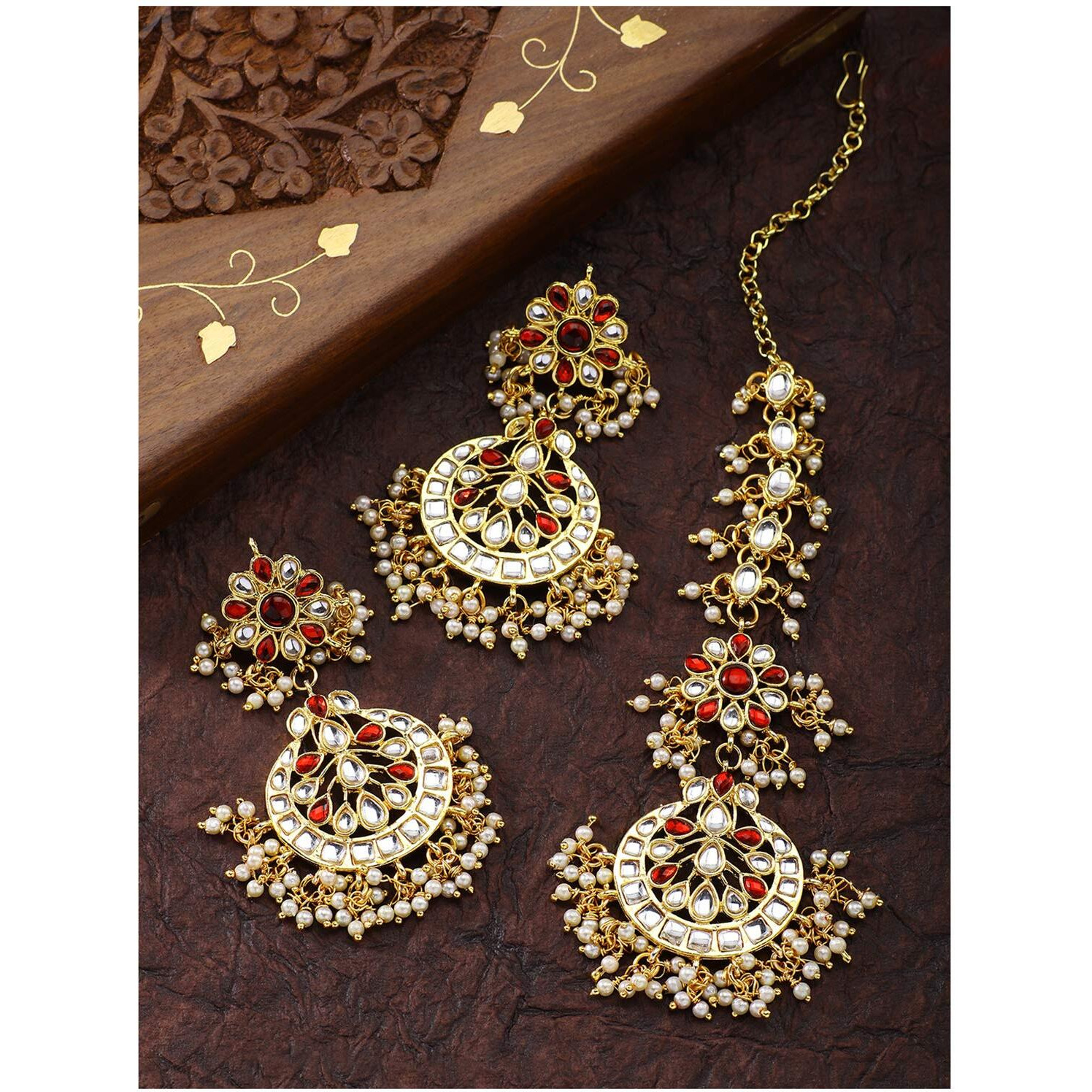 Peora Traditional Jewellery 18K Gold Plated Kundan & Pearl Maang Tikka Earring Set for Women Girls
