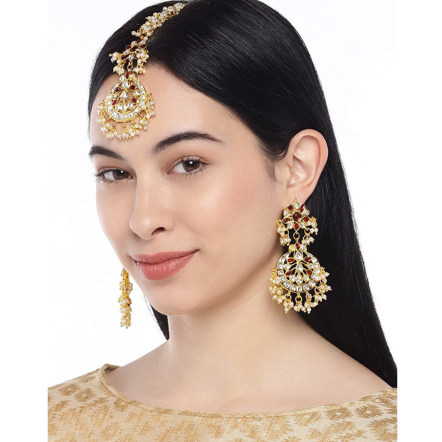 Peora Traditional Jewellery 18K Gold Plated Kundan & Pearl Maang Tikka Earring Set for Women Girls
