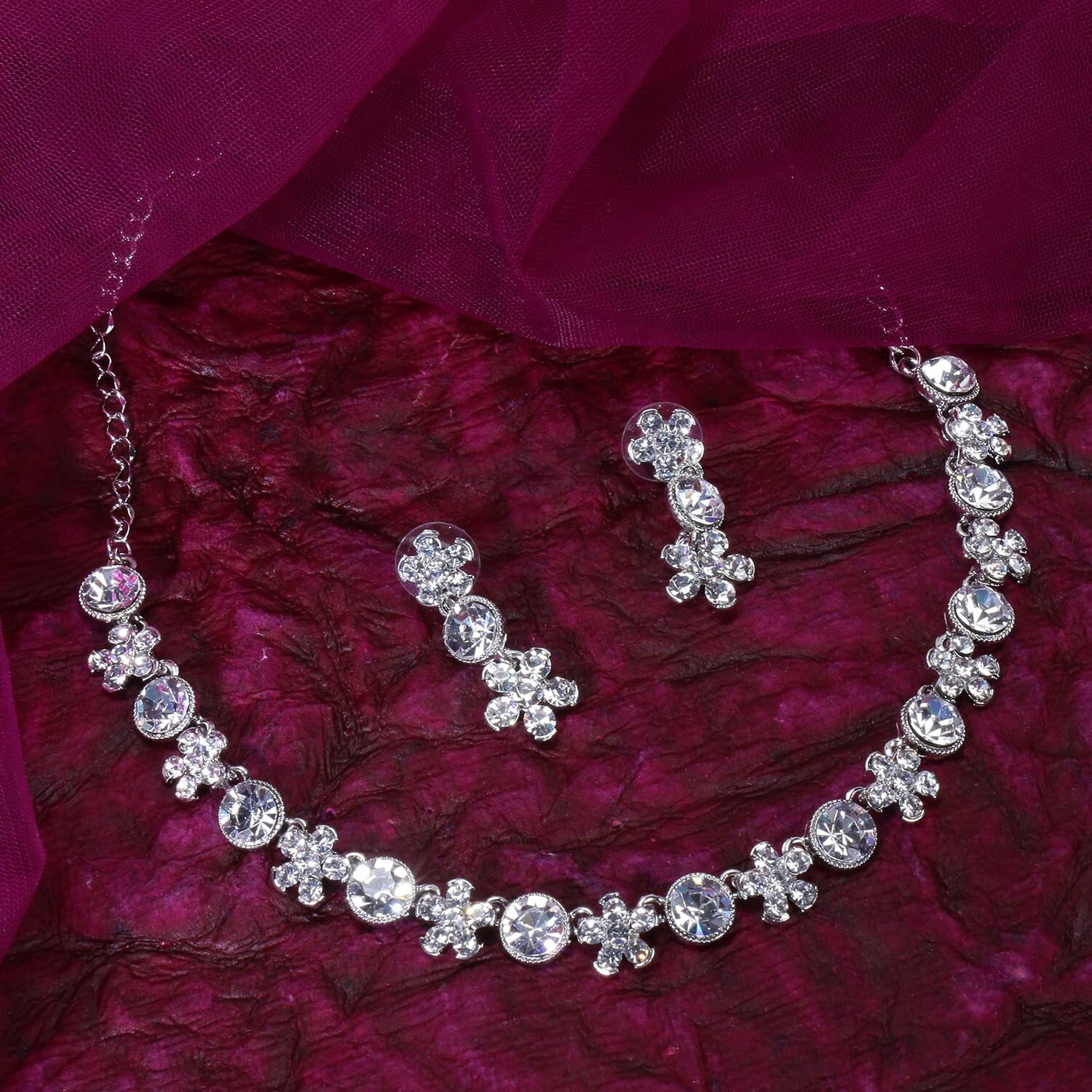 Swasti Jewels Made with Sparkling Swiss Crystals Necklace and Earrings Set For Women WHITE Rhodium Plated