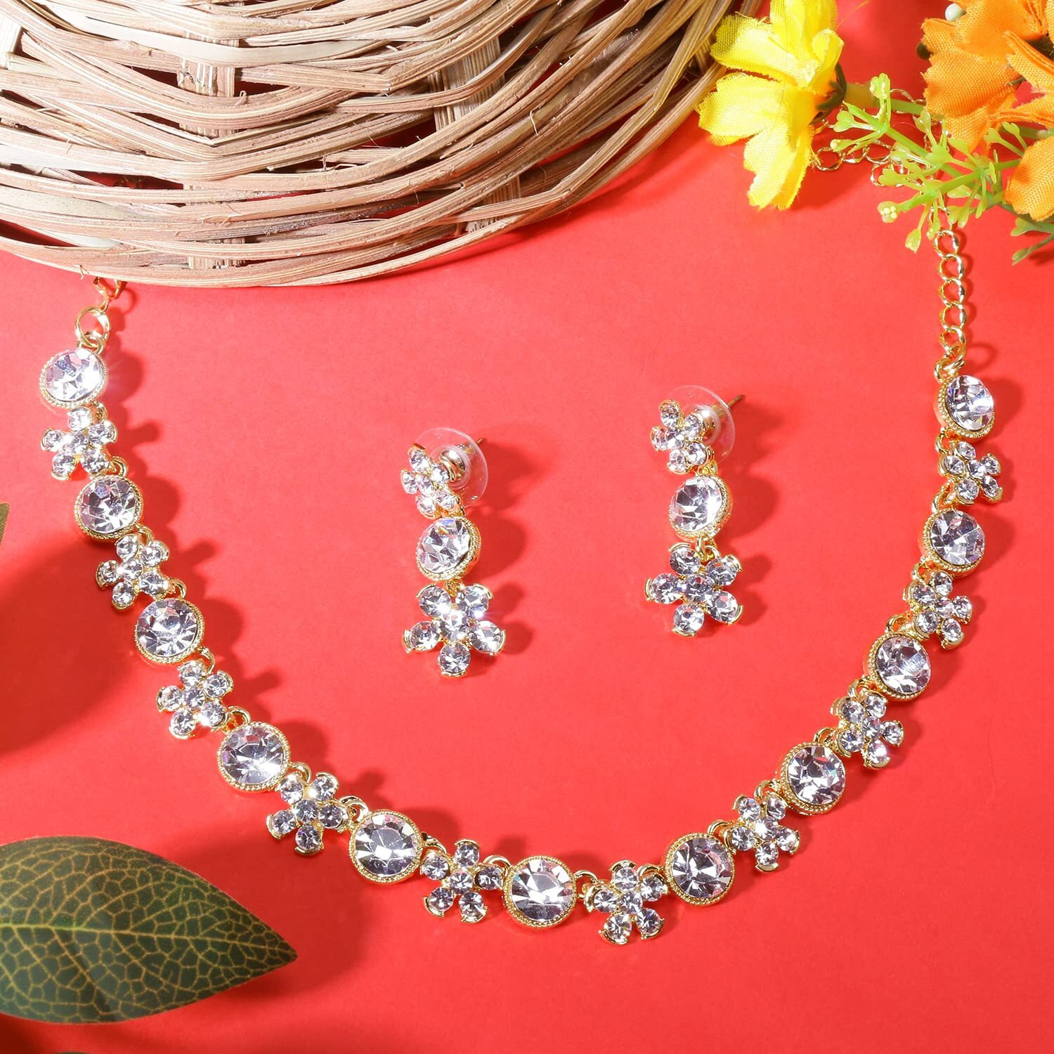 Swasti Jewels Made with Sparkling Swiss Crystals Necklace and Earrings Set For Women White Yellow Gold Plated
