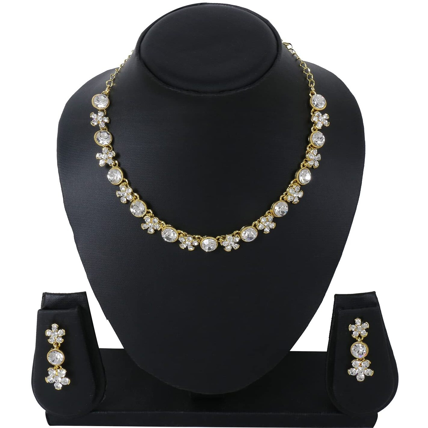 Swasti Jewels Made with Sparkling Swiss Crystals Necklace and Earrings Set For Women White Yellow Gold Plated