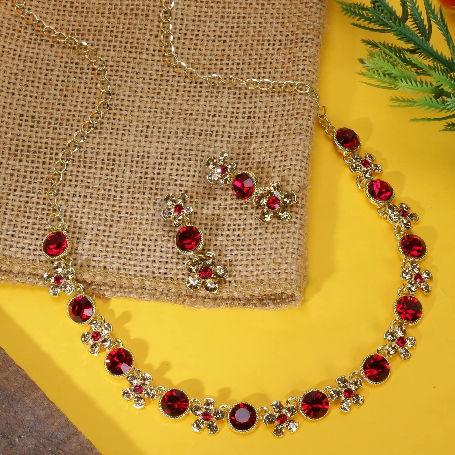 Swasti Jewels Gold Plated Necklace and Earrings Set For Women Red