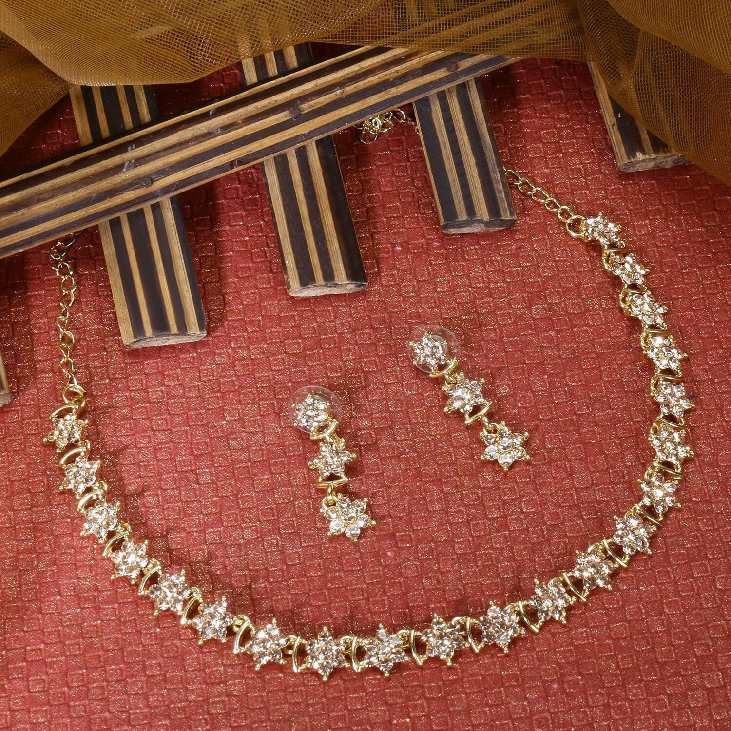 Swasti Jewels Made with Sparkling Swiss Crystals Necklace and Earrings Set For Women Peach