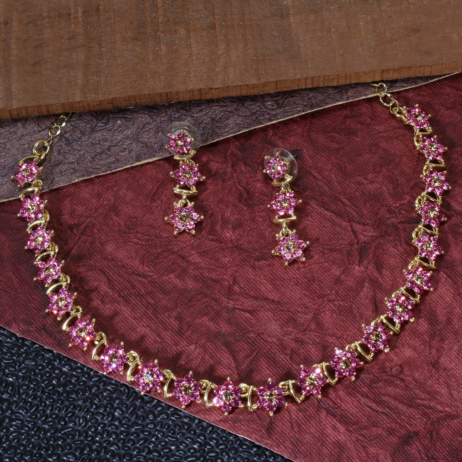 Swasti Jewels Made with Sparkling Swiss Crystals Necklace and Earrings Set For Women Dark Pink