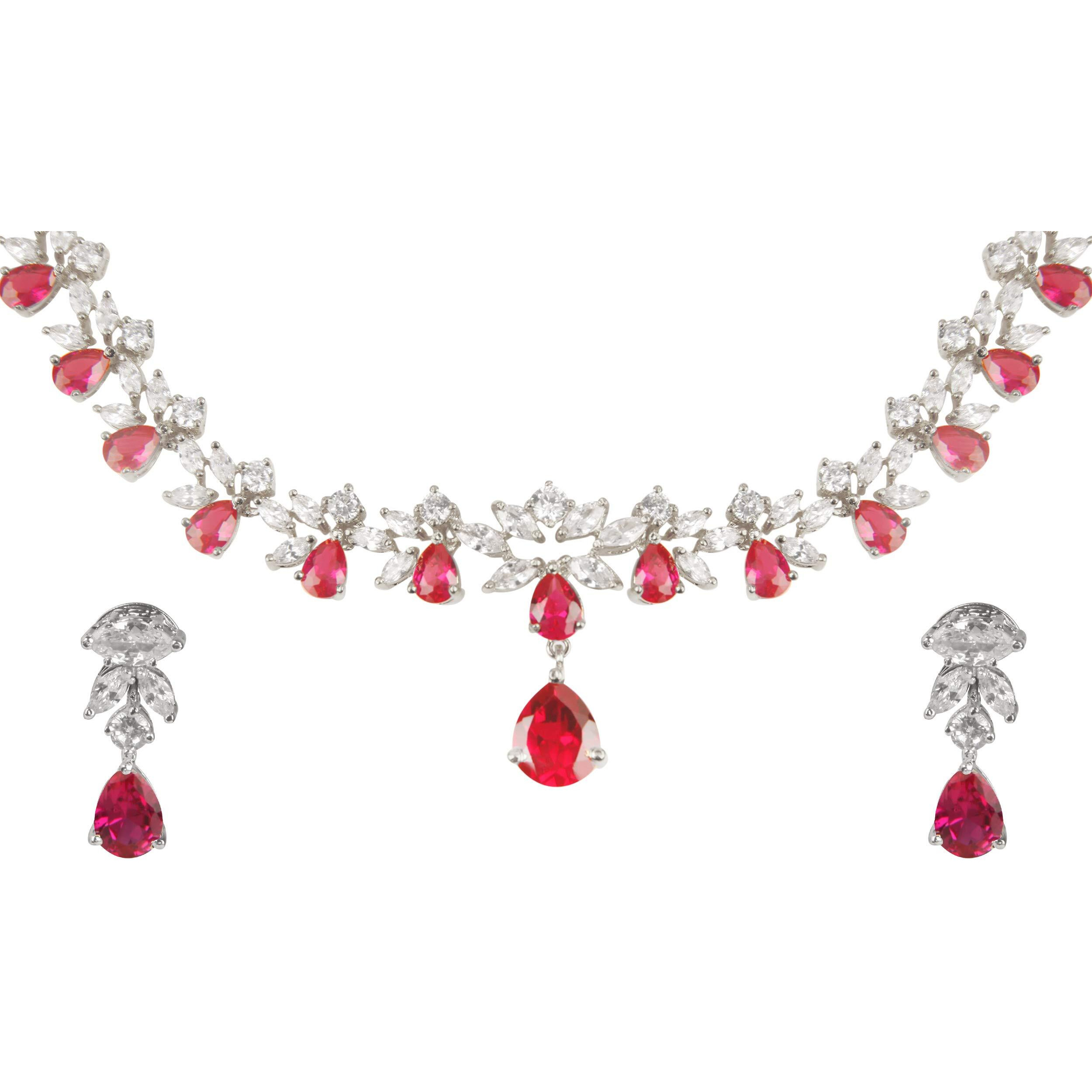 Swasti Jewels Silver Plated CZ Necklace and Earrings Set for Women Maroon