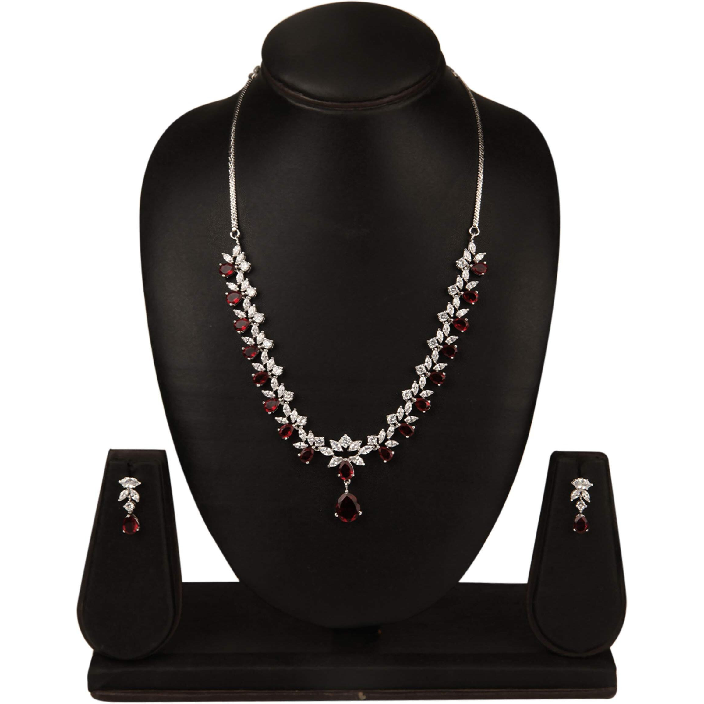 Swasti Jewels Silver Plated CZ Necklace and Earrings Set for Women Maroon