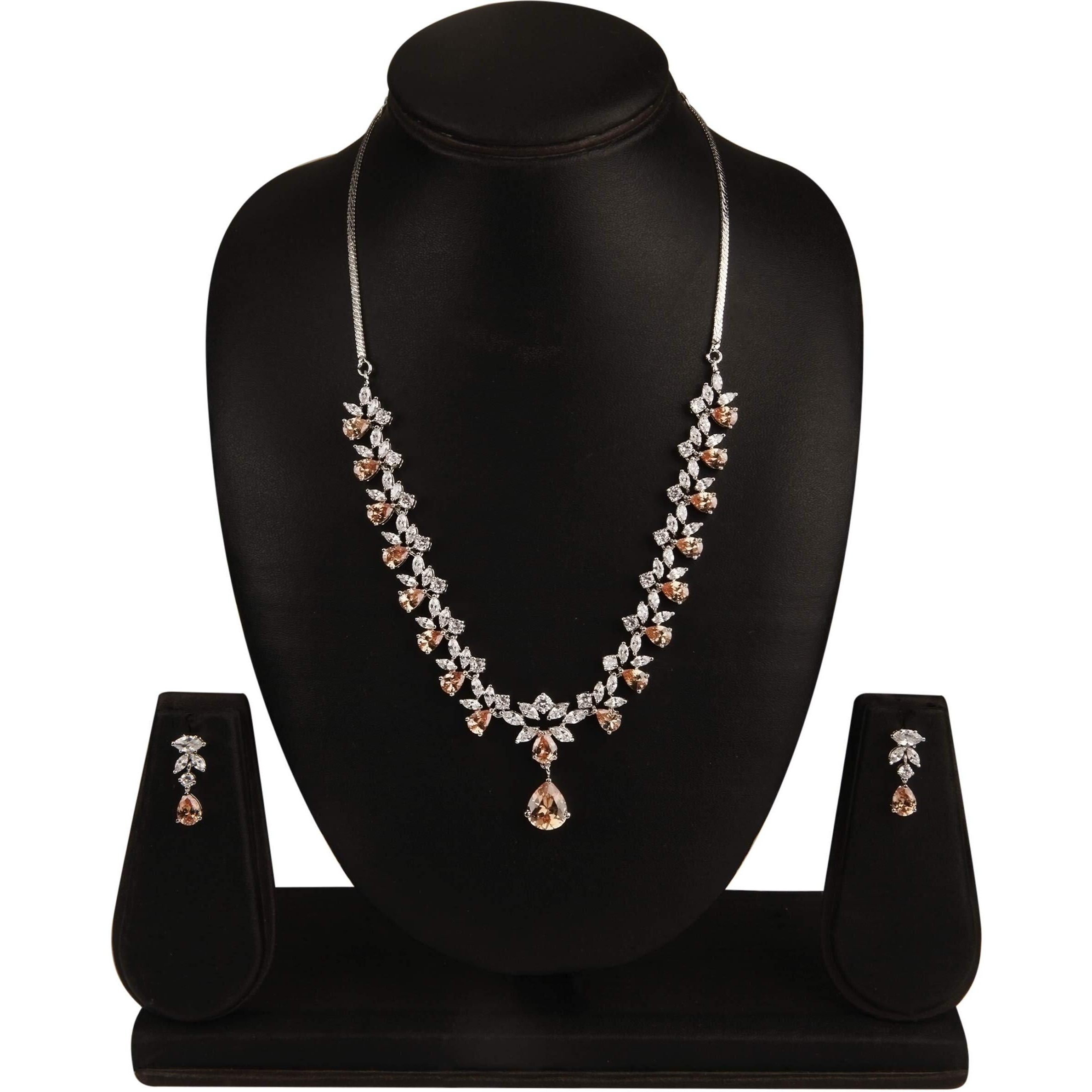 Swasti Jewels Silver Plated CZ Necklace and Earrings Set for Women CHAMPAIGNE