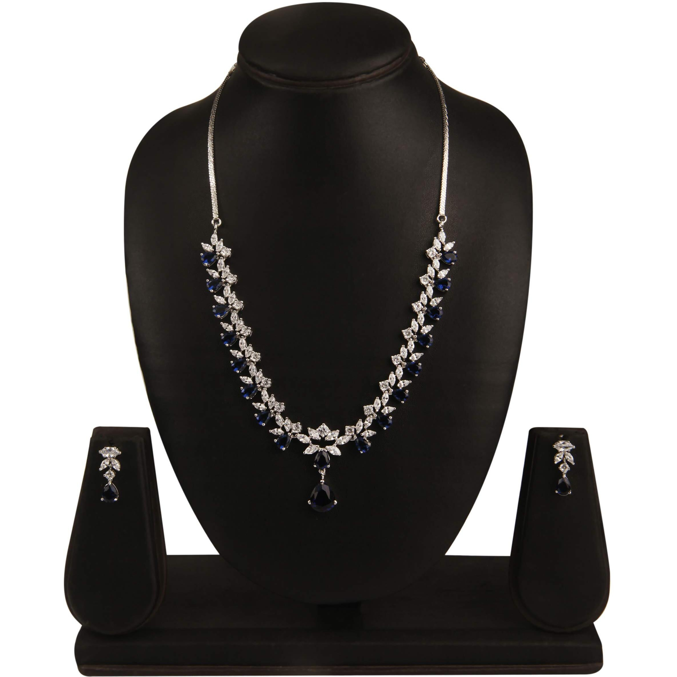 Swasti Jewels Silver Plated CZ Necklace and Earrings Set for Women Blue