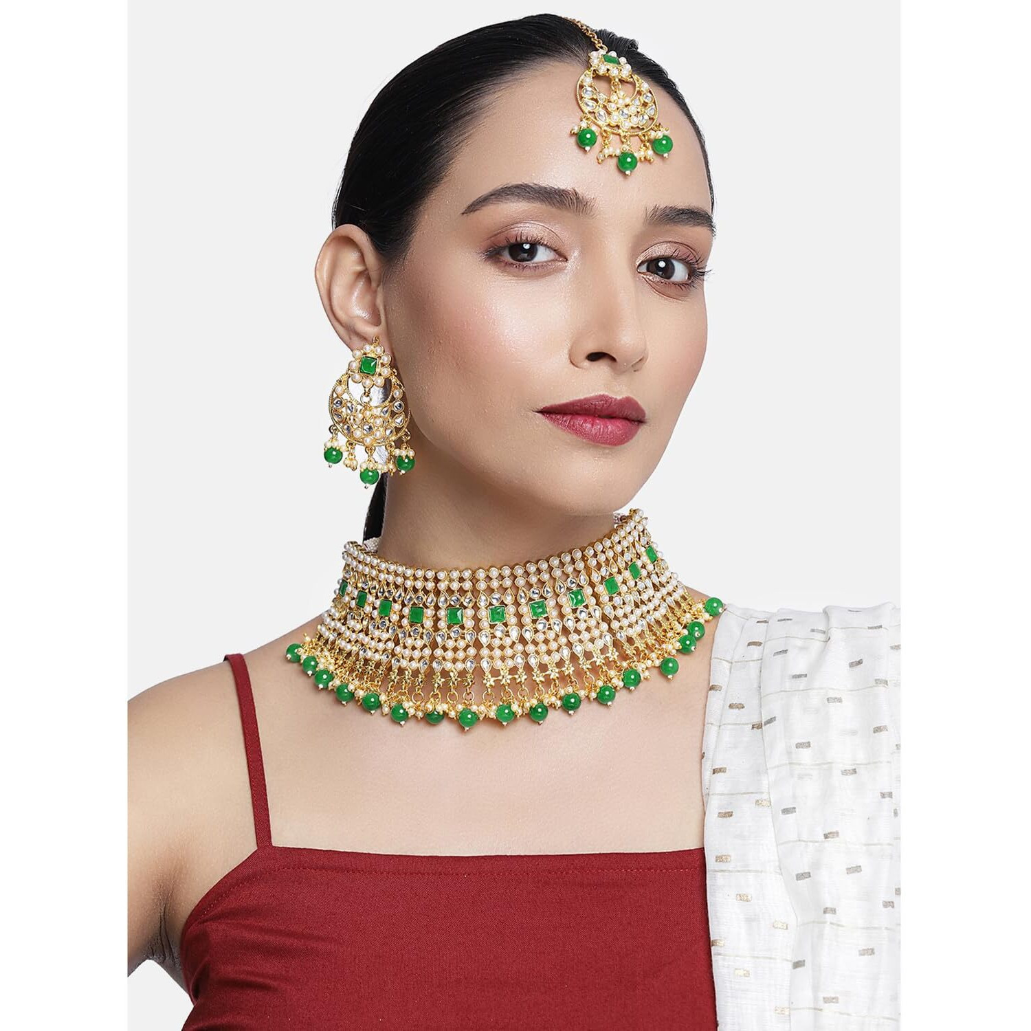 Peora Rani Padmavati Kundan Faux Pearl Choker Necklace Earrings Maang Tikka for Women Jewellery Set