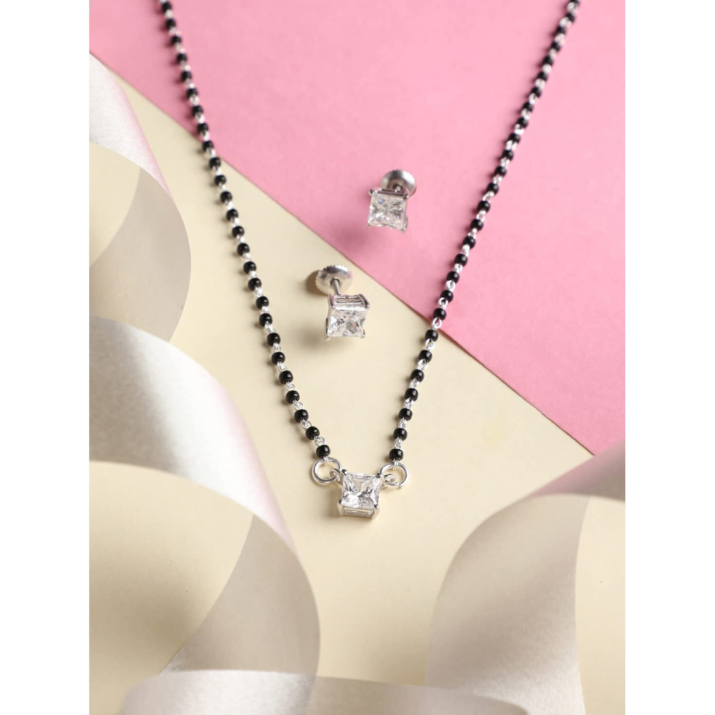Clara 925 Sterling Silver Square Mangalsutra Tanmaniya Pendant Earring Jewellery set With Chain Gift for Women and Girls
