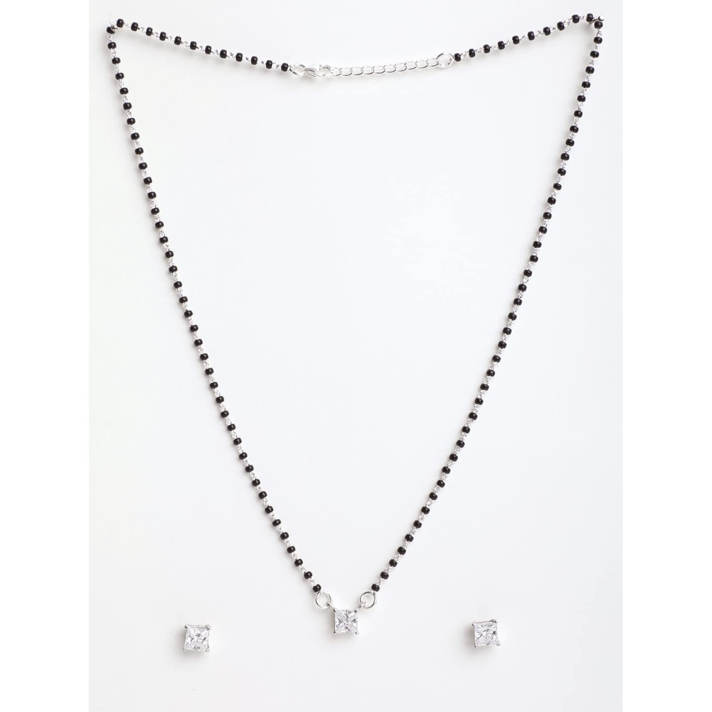 Clara 925 Sterling Silver Square Mangalsutra Tanmaniya Pendant Earring Jewellery set With Chain Gift for Women and Girls