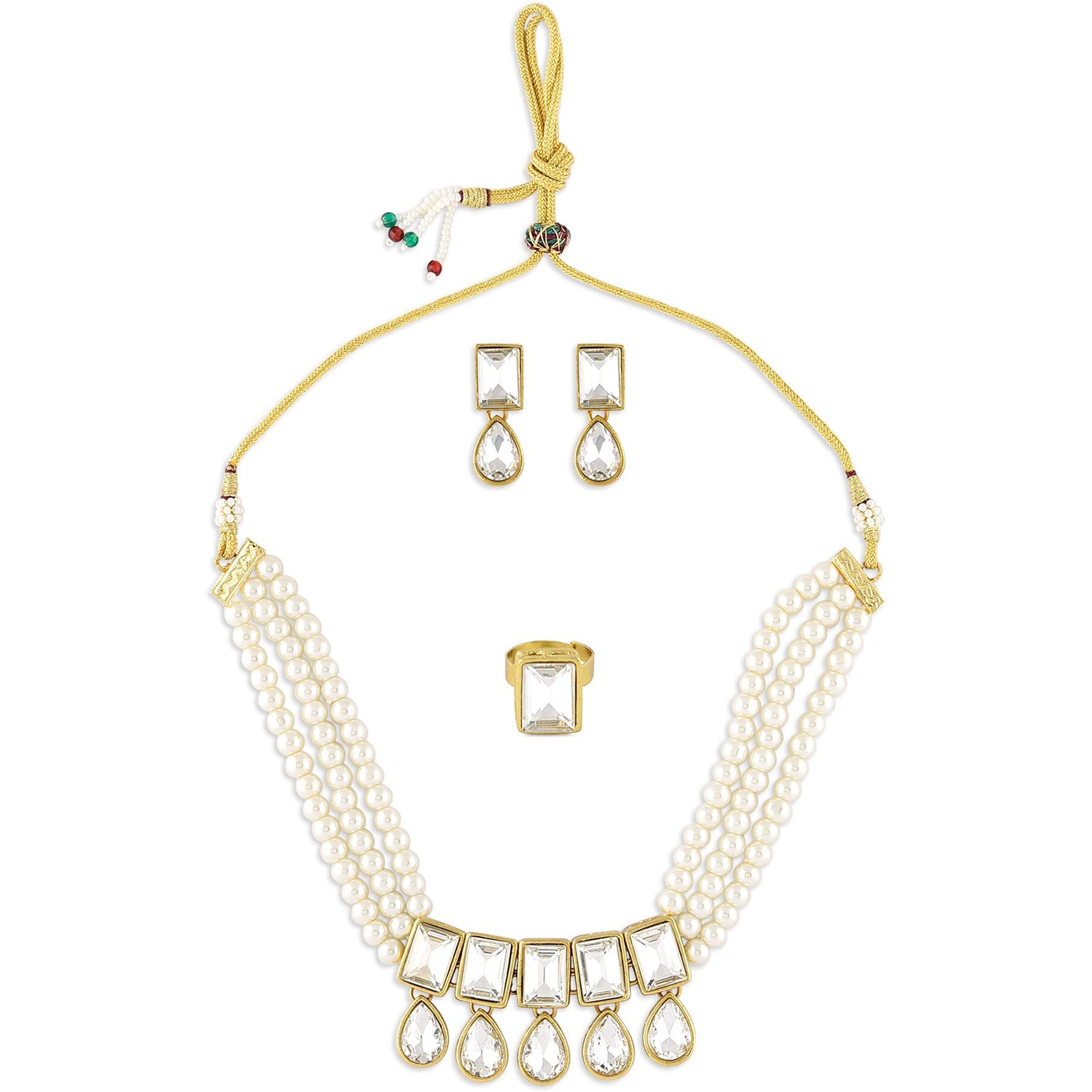 ZAVERI PEARLS Gold Tone Multistrand Pearls Choker Necklace Earring & Ring Set For Women-ZPFK10724