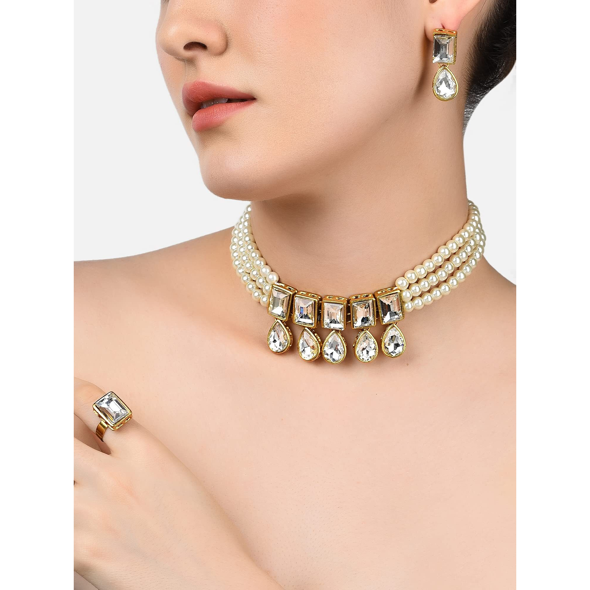 ZAVERI PEARLS Gold Tone Multistrand Pearls Choker Necklace Earring & Ring Set For Women-ZPFK10724