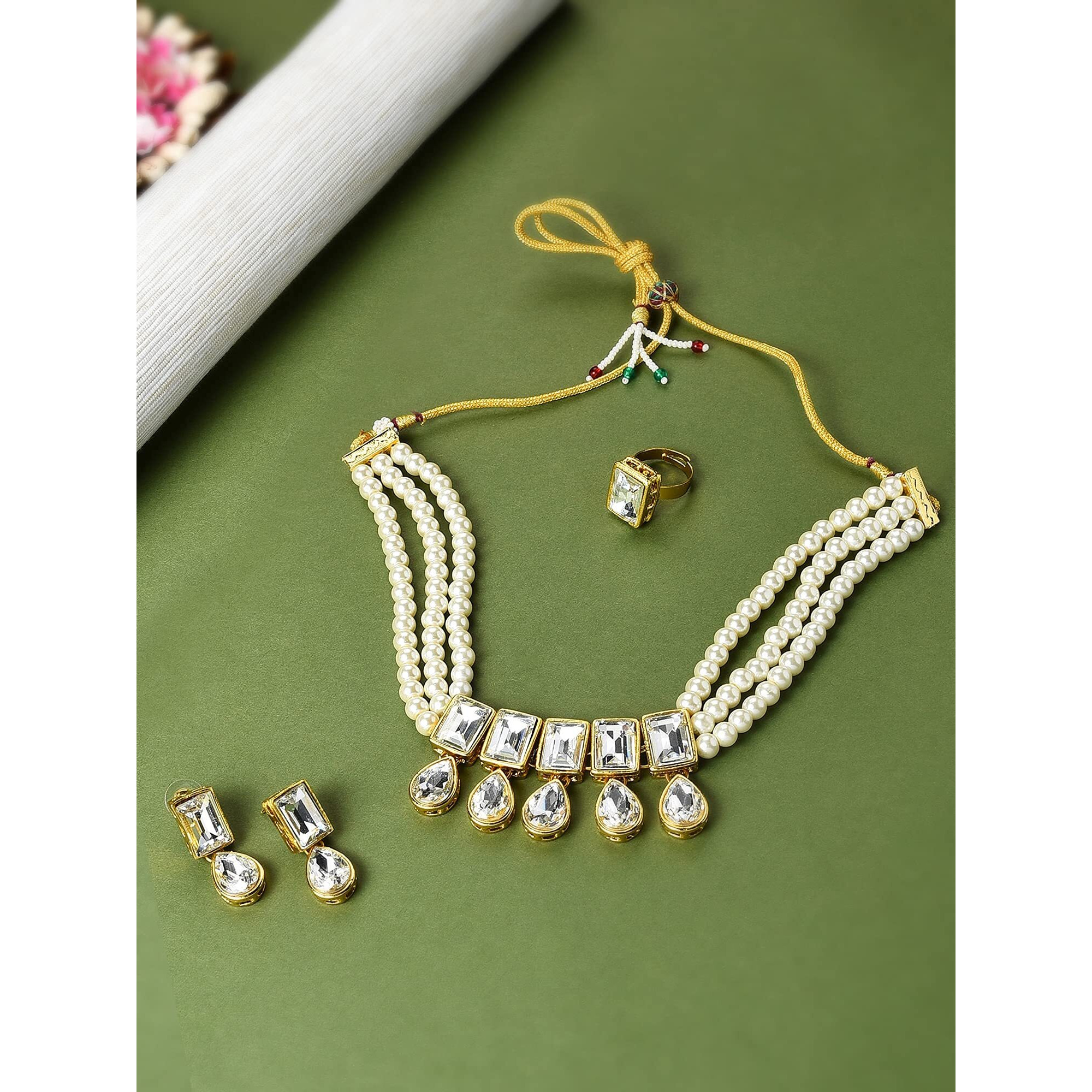 ZAVERI PEARLS Gold Tone Multistrand Pearls Choker Necklace Earring & Ring Set For Women-ZPFK10724