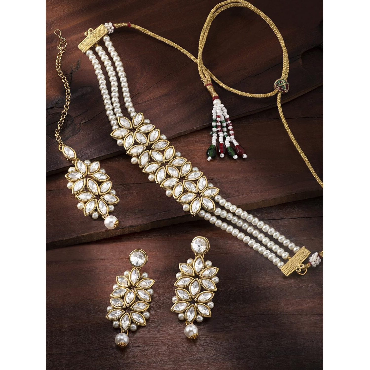 Peora Gold Plated Pearl Kundan Choker Necklace with Earring Maang Tikka Traditional Ethnic Bridal Jewellery Set for Women