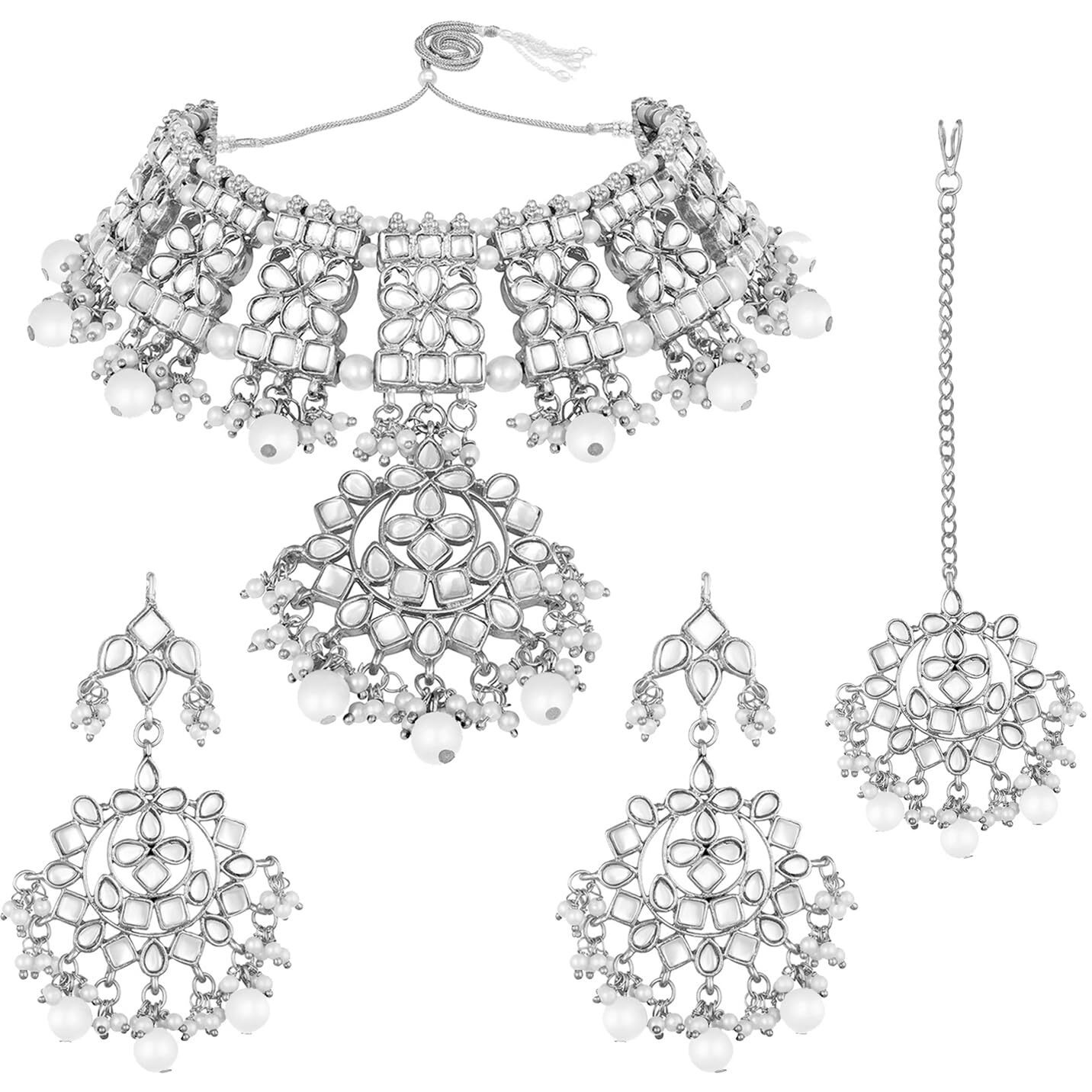 Peora Silver Plated Traditional Kundan Choker Necklace Jewellery Set with Earring Maang Tikka for Women Girls (Pink)