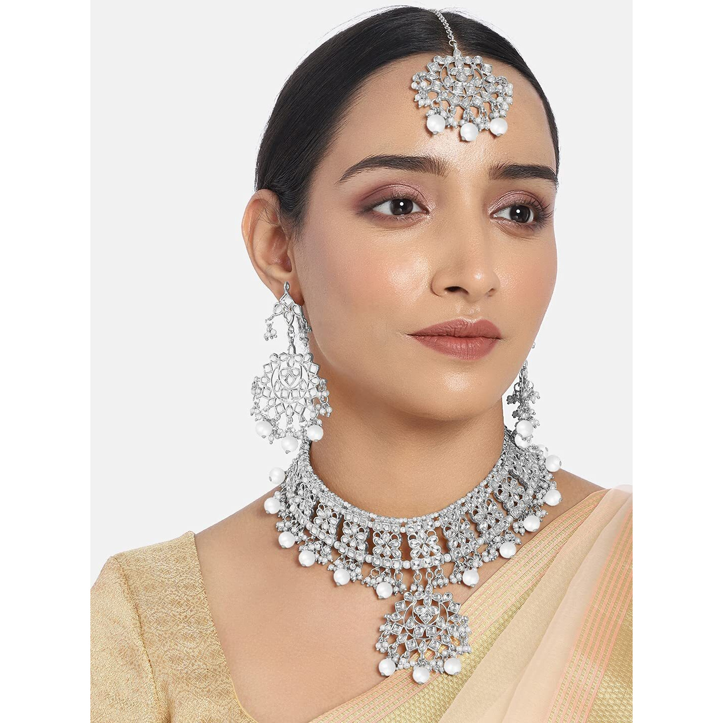 Peora Silver Plated Traditional Kundan Choker Necklace Jewellery Set with Earring Maang Tikka for Women Girls (Pink)