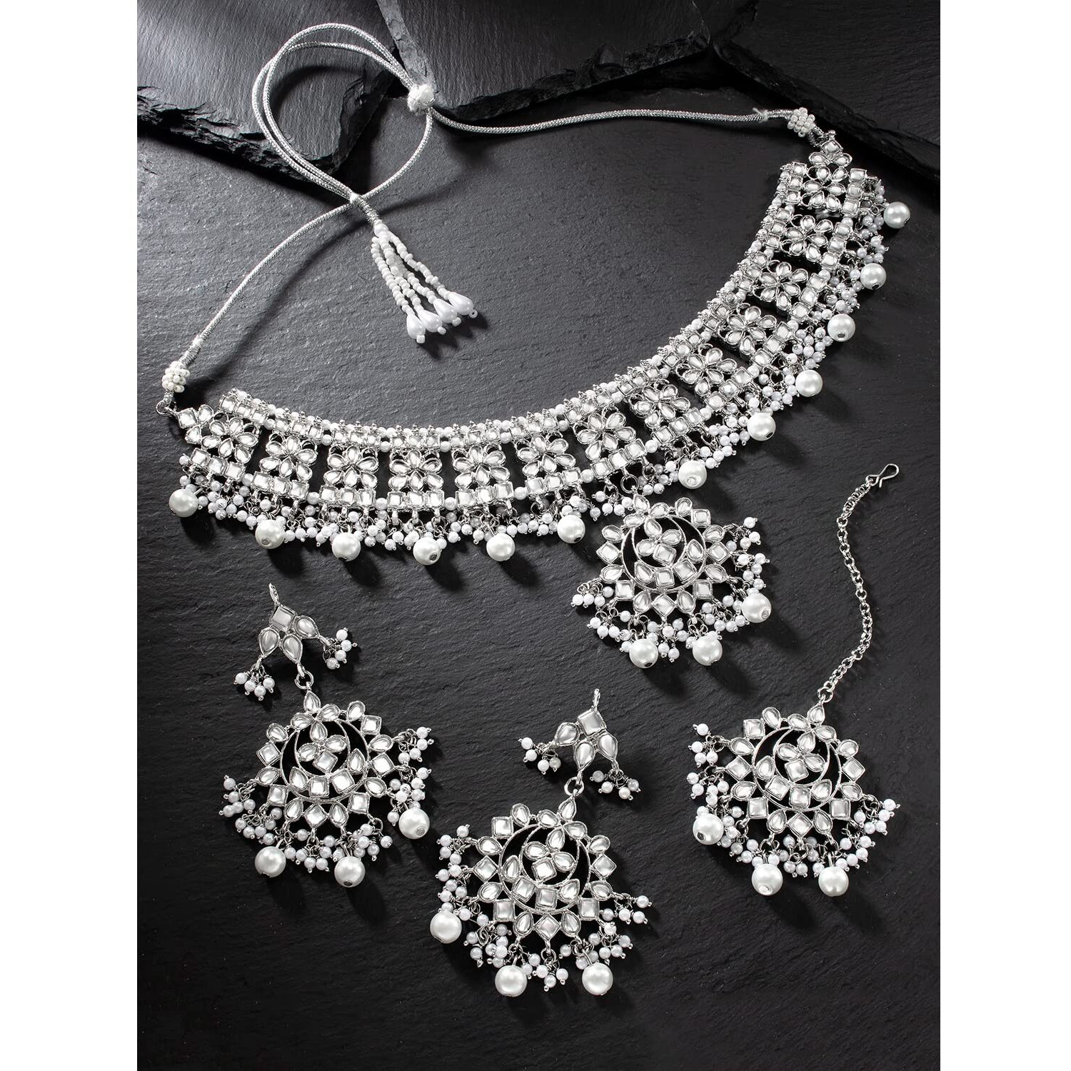 Peora Silver Plated Traditional Kundan Choker Necklace Jewellery Set with Earring Maang Tikka for Women Girls (Pink)