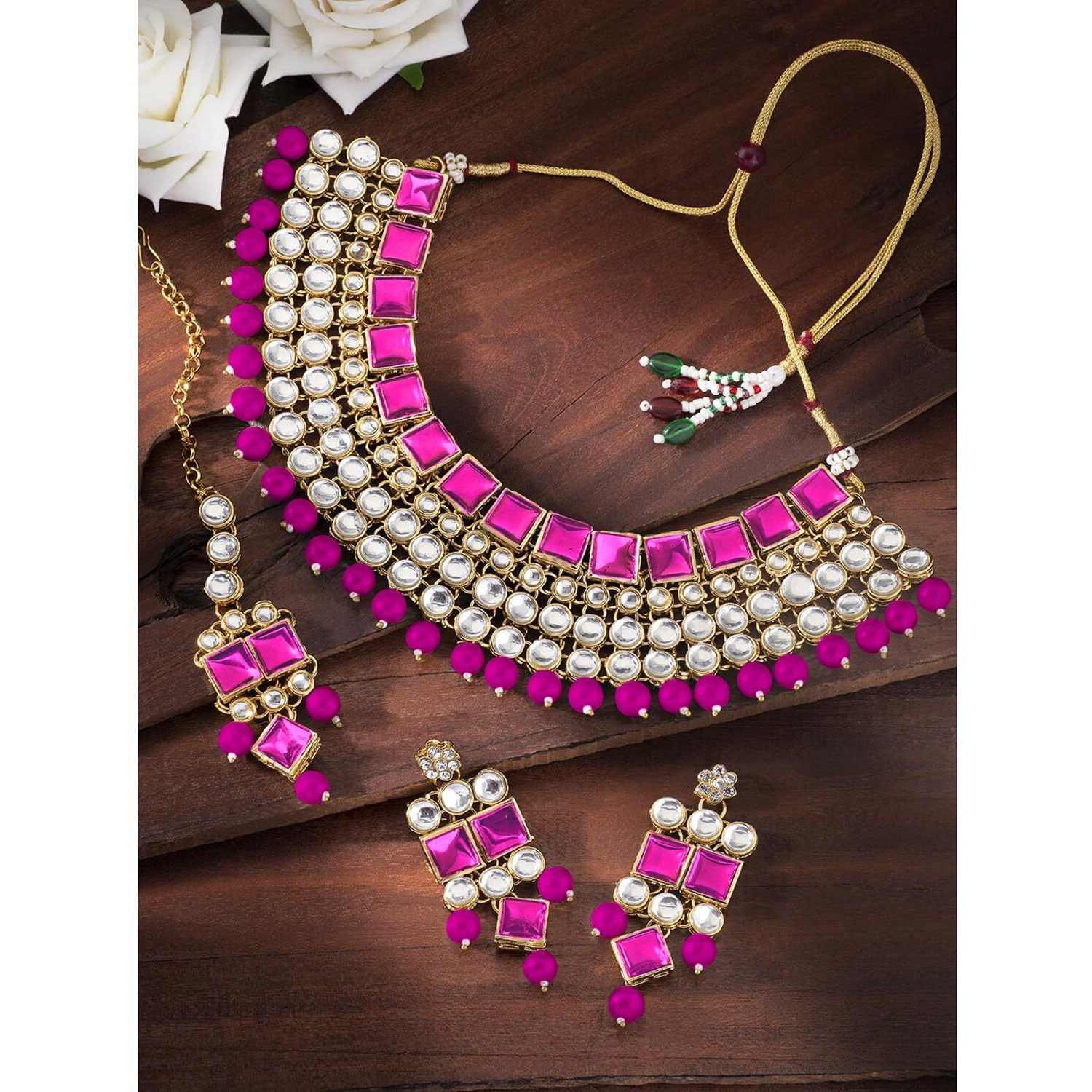 Peora Crystal Kundan Choker Necklace Traditional Jewellery Set with Maang Tikka Earrings for Women