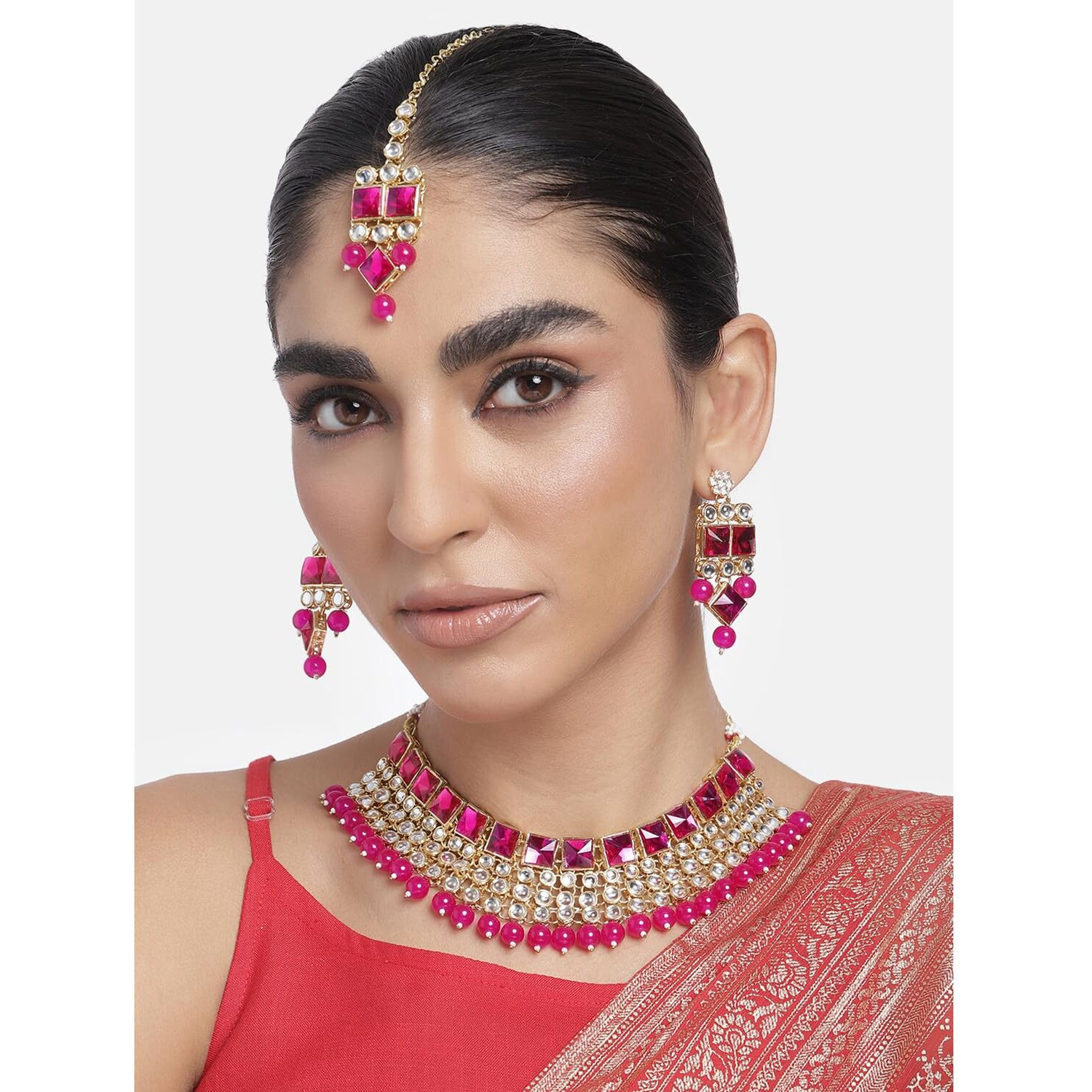 Peora Crystal Kundan Choker Necklace Traditional Jewellery Set with Maang Tikka Earrings for Women